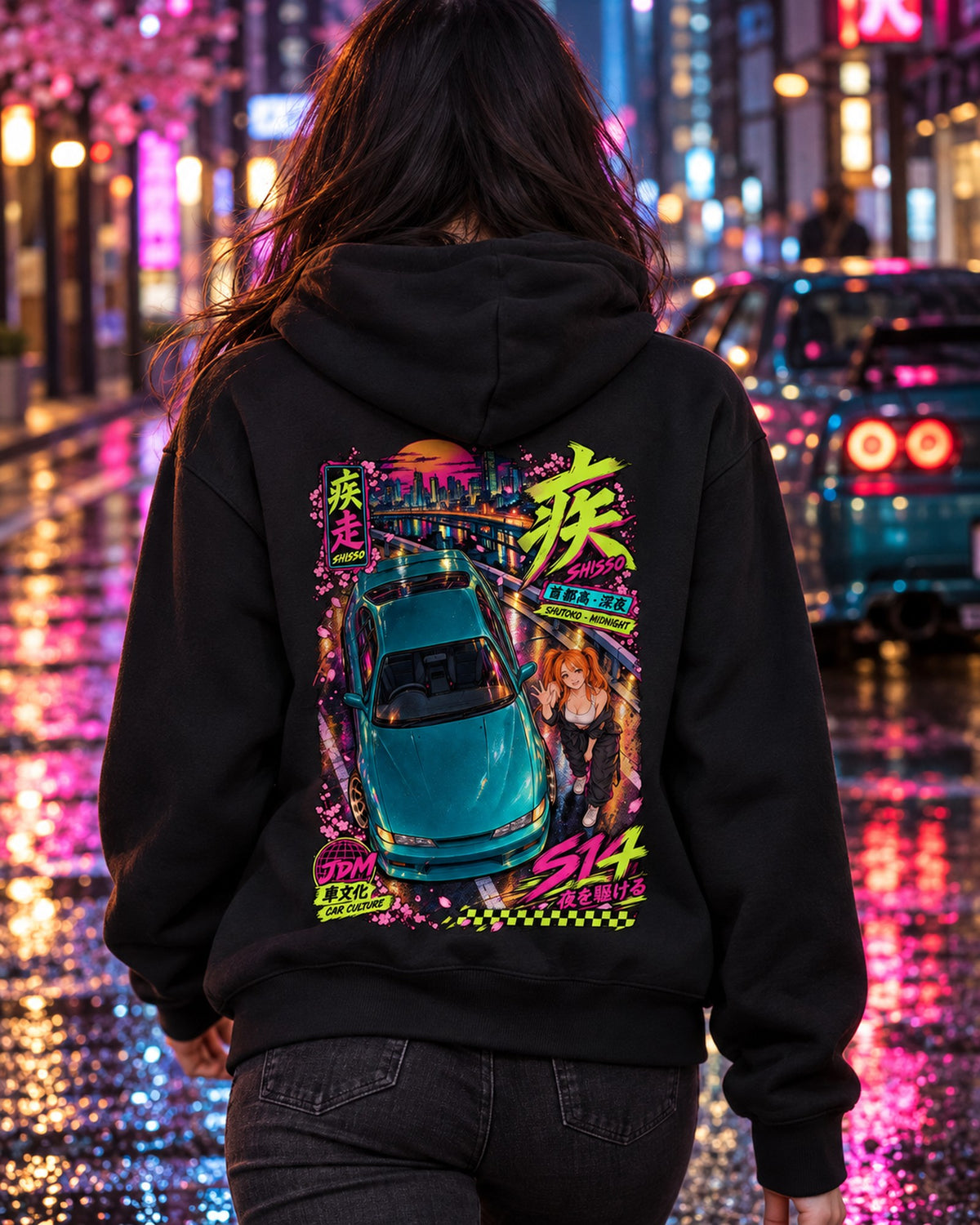 SHISSO S14 Anime Girl Full-Back Graphic Tee Pull Over Hoodie Black worn hero