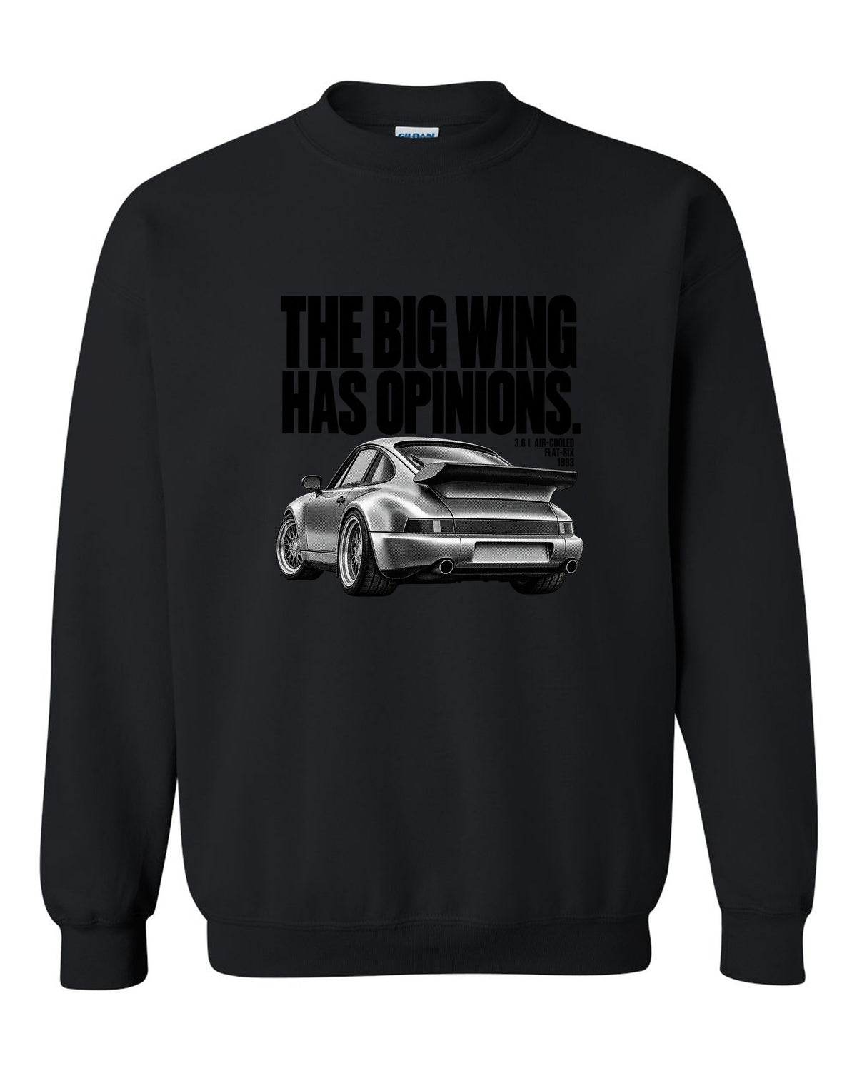 Halftone print of a Porsche 911 Turbo 3.6 964 with whale tail wing black crewneck front view with the design