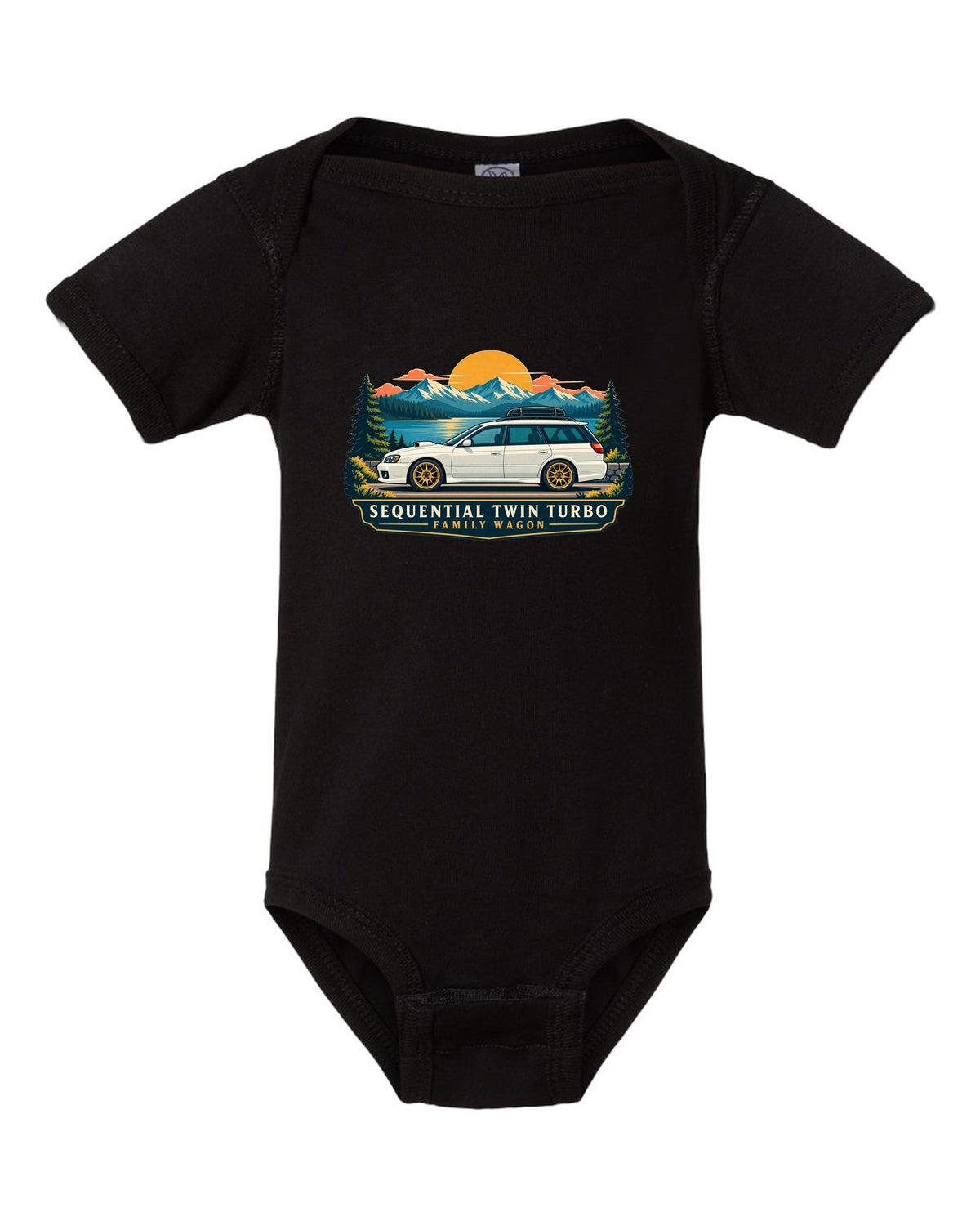Subaru Legacy BC5 RS as a linocut, 100,000 KM / AT 223 KM/H black baby onesie front view with the design