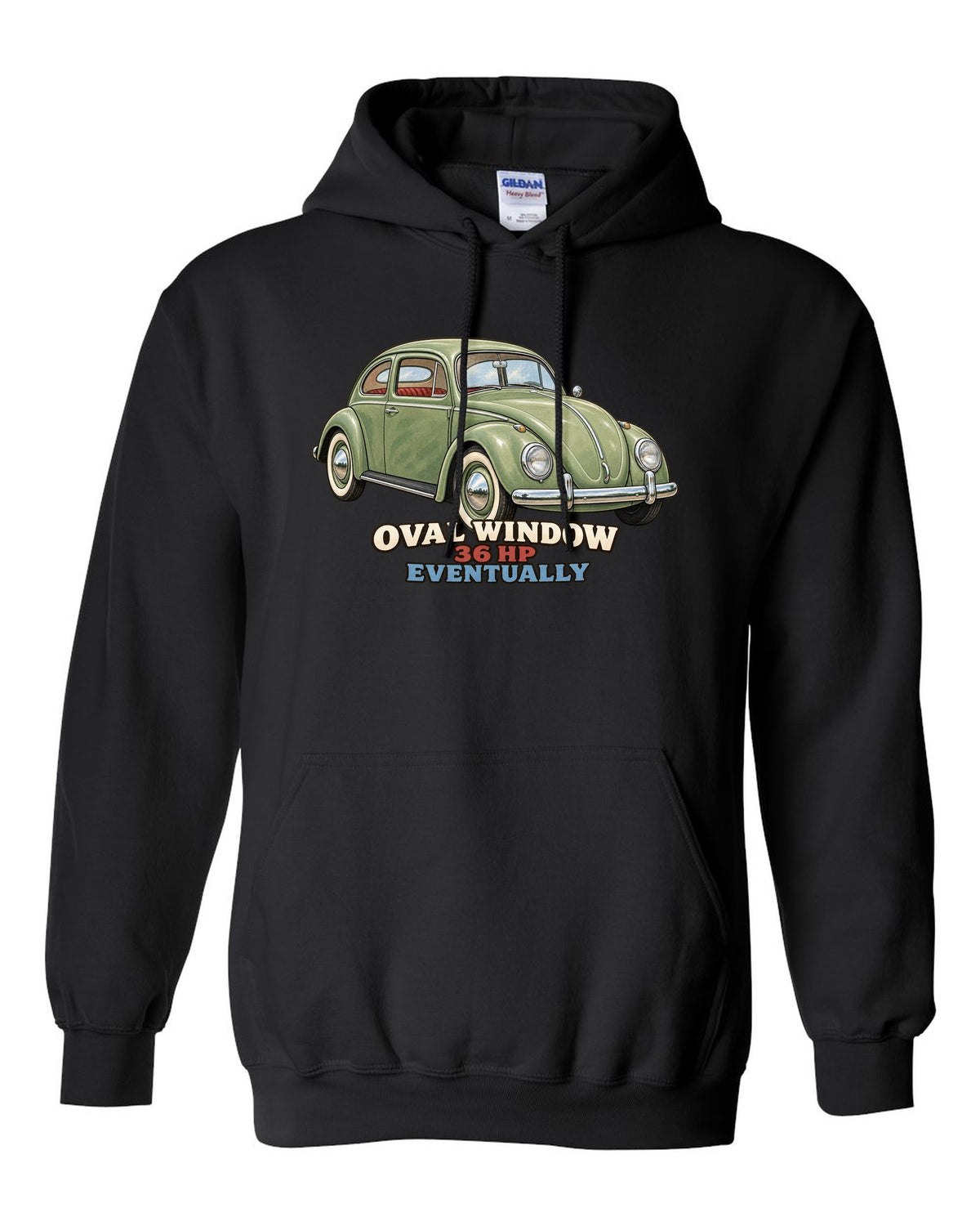 Gouache painted print of a 1956 VW Beetle Type 1 oval window with 36 HP lettering black pull over hoodie front view with the design