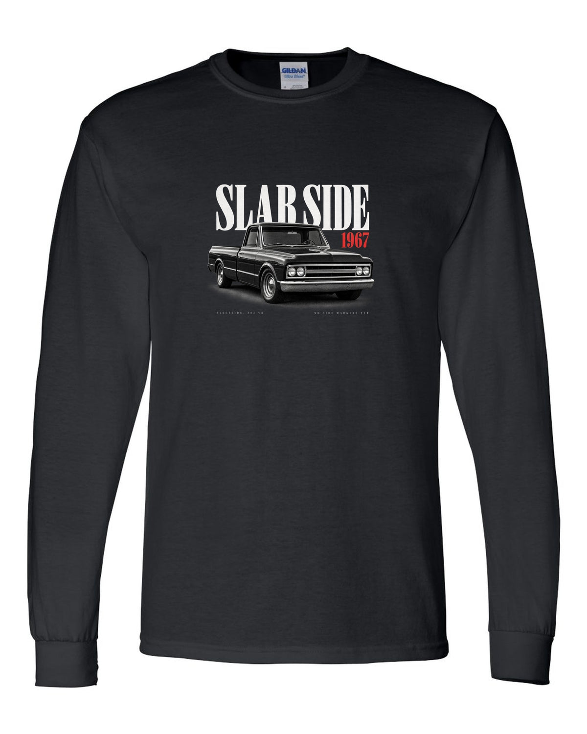 Editorial print of a 1967-72 Chevrolet C10 Action Line Fleetside with 283 V8 text black long sleeve front view with the design