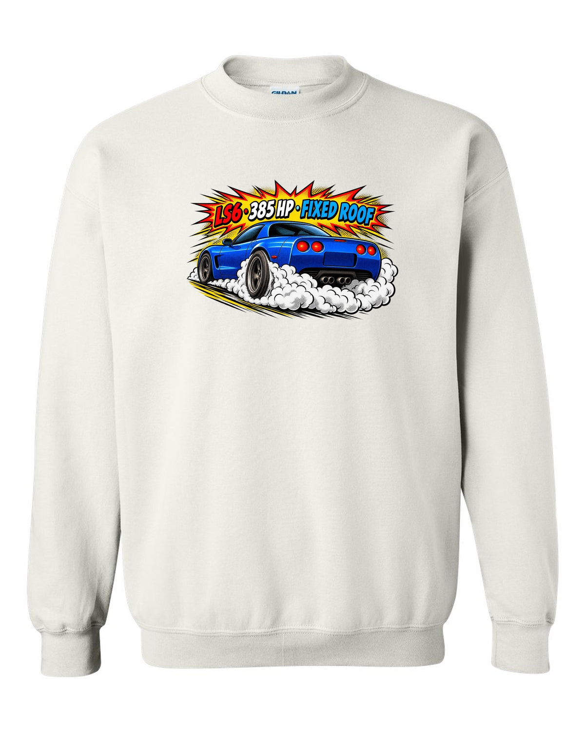 Comic halftone pop-art print of a 2001 Chevrolet Corvette C5 Z06 with LS6 385 HP Fixed Roof text white crewneck front view with the design