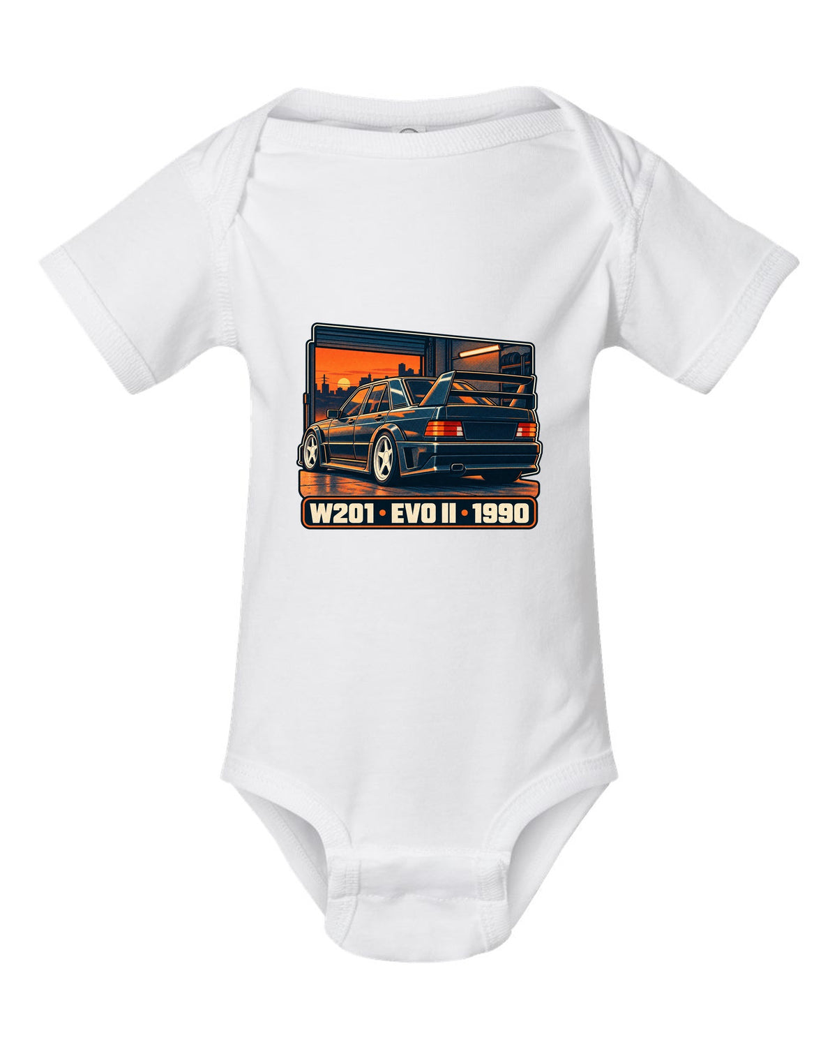 Risograph two-colour halftone print of a Mercedes-Benz 190E Evo II W201 in a garage at dusk white baby onesie front view with the design