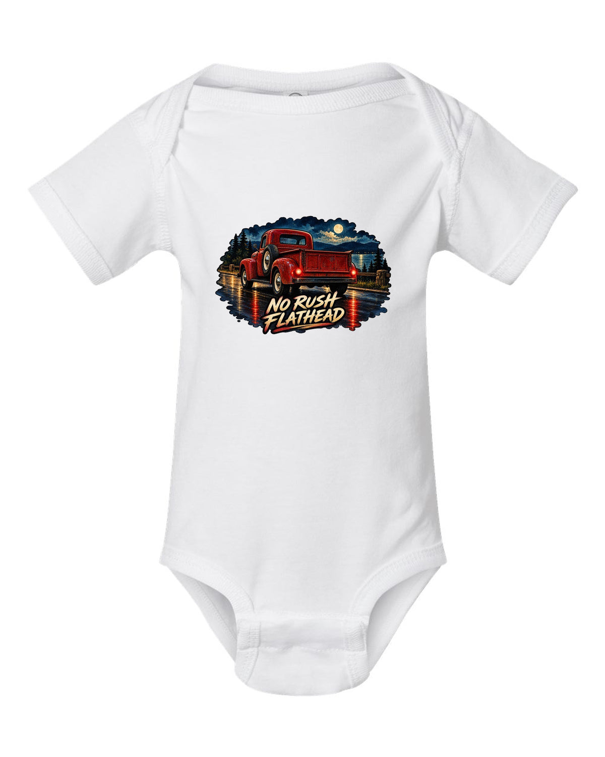 Watercolour wet-road night print of a red Dodge Power Wagon WM300 flat fender white baby onesie front view with the design