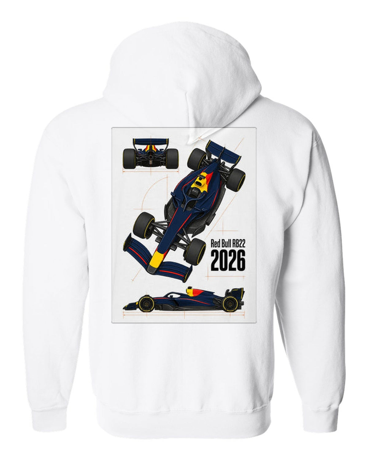 Red Bull RB22 2026 F1 car technical poster artwork white zip hoodie back view with the design
