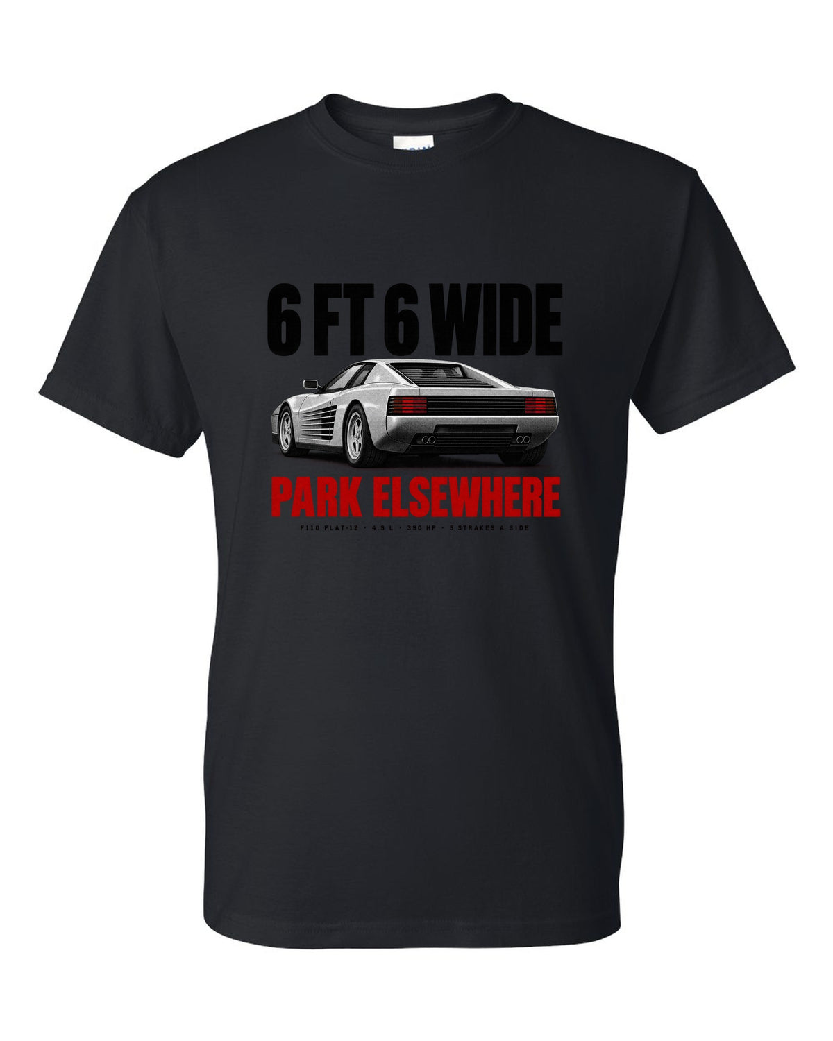 Ferrari Testarossa F110 1984 halftone print, 6 ft 6 wide, park elsewhere black t-shirt front view with the design
