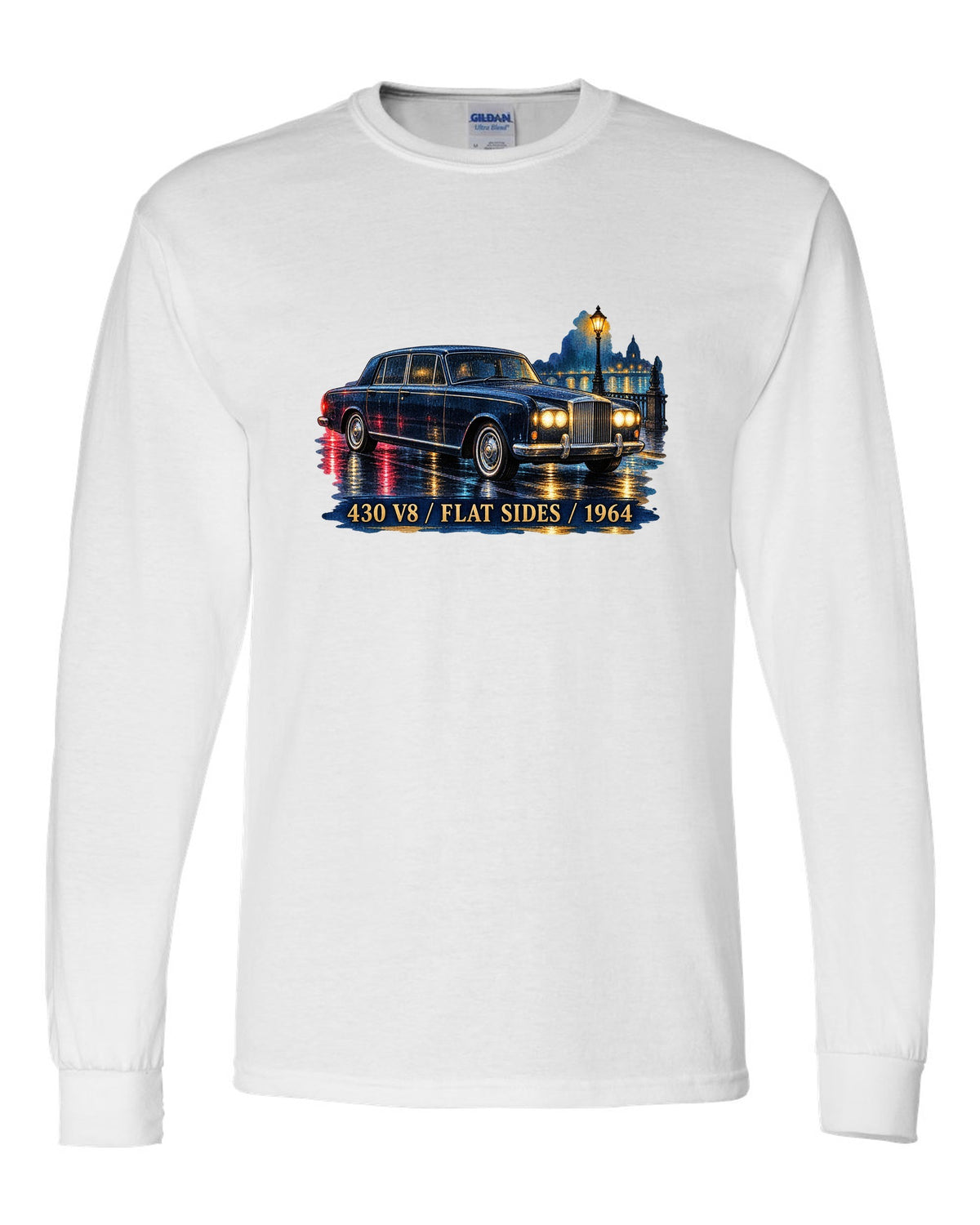 1964 Lincoln Continental on a wet night road in watercolour style white long sleeve front view with the design
