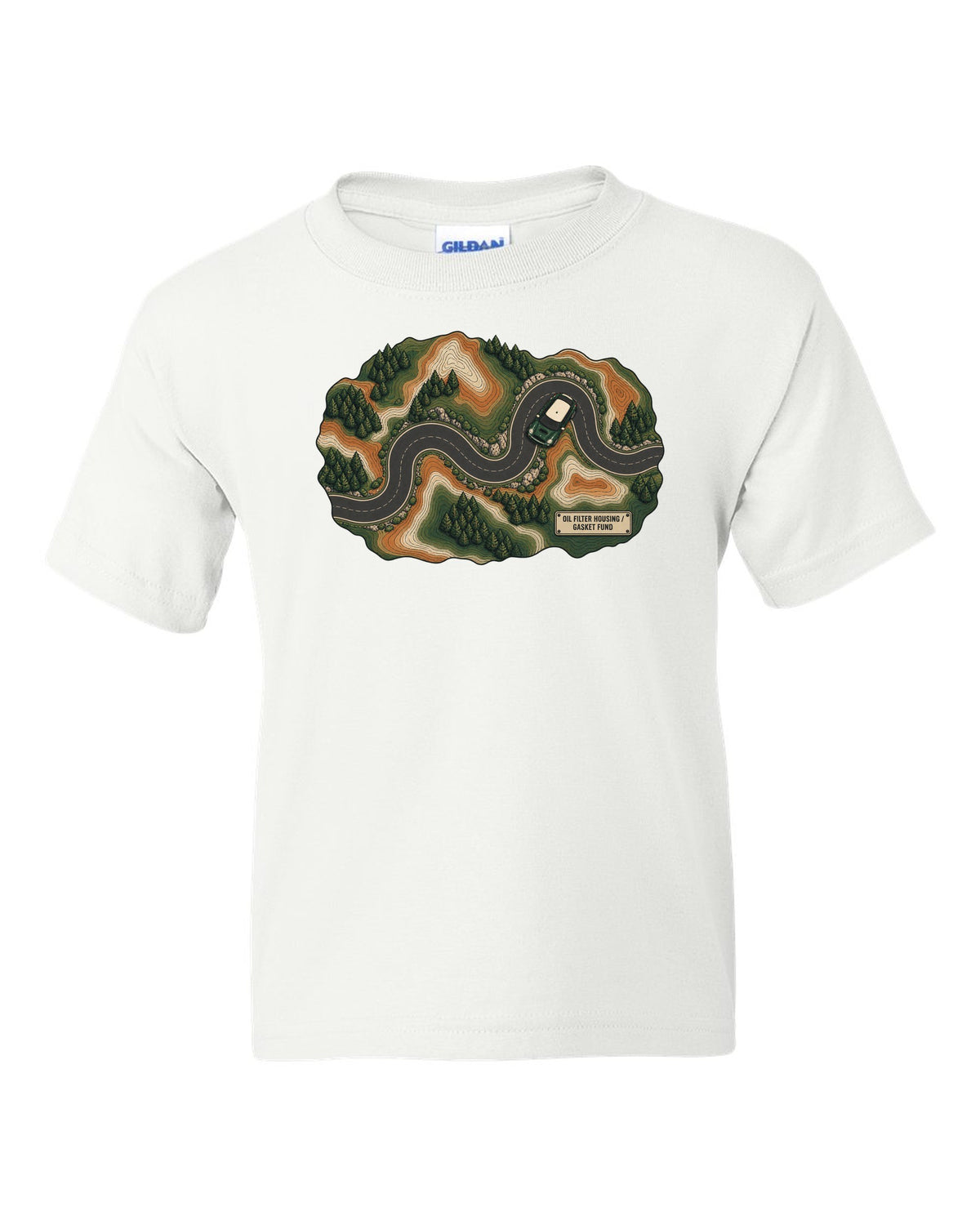 Topographic route map design of a Mini Cooper S R56 with gasket fund text white kids tee front view with the design