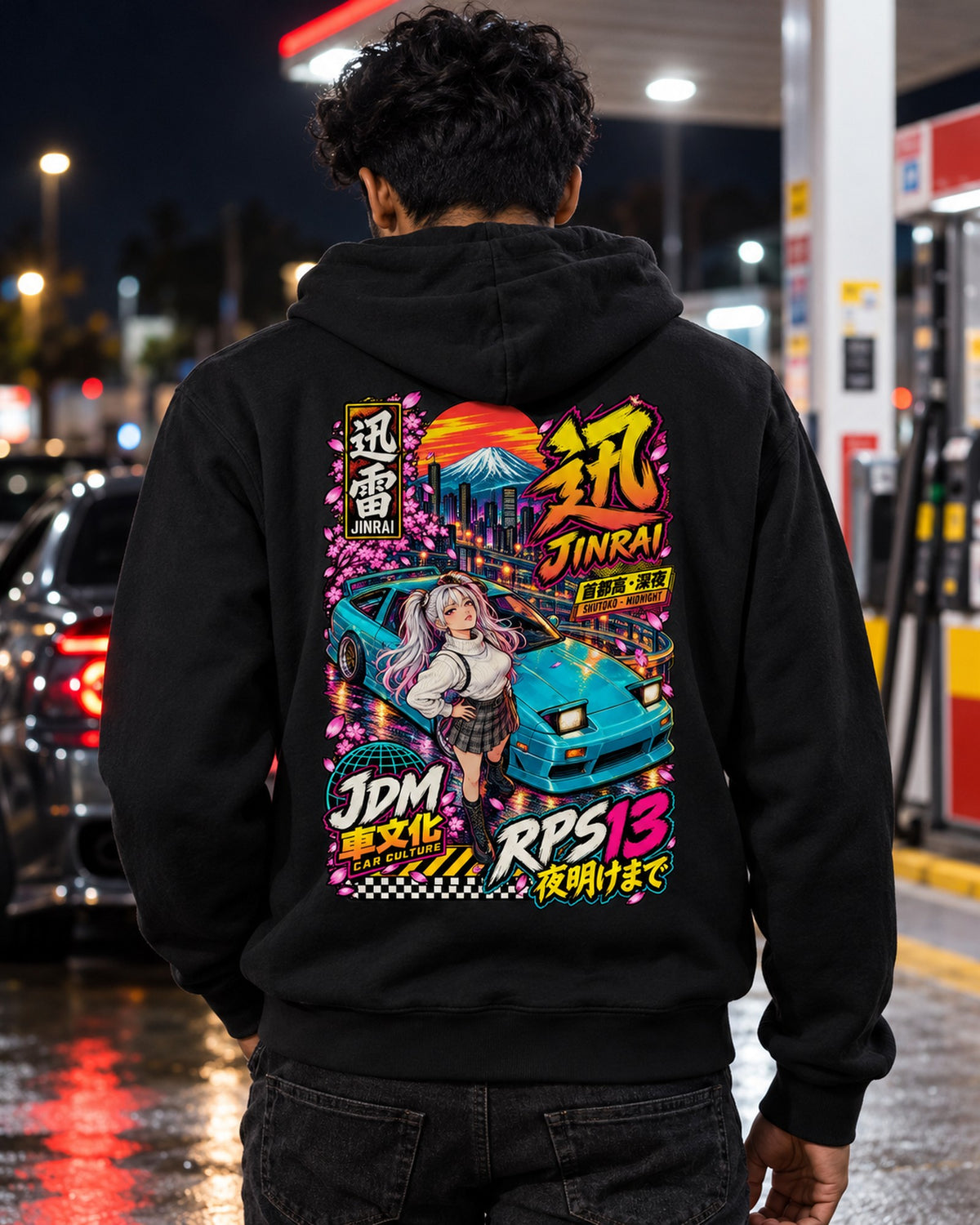 JINRAI RPS13 Anime Girl Full-Back Graphic Tee Zip Hoodie Black worn hero