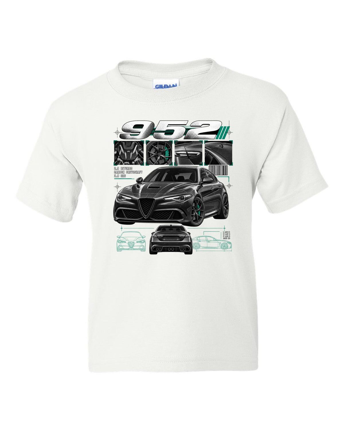 Dossier panel print of an Alfa Romeo Giulia Quadrifoglio 952 with 2.9 biturbo and carbon driveshaft text white kids tee front view with the design