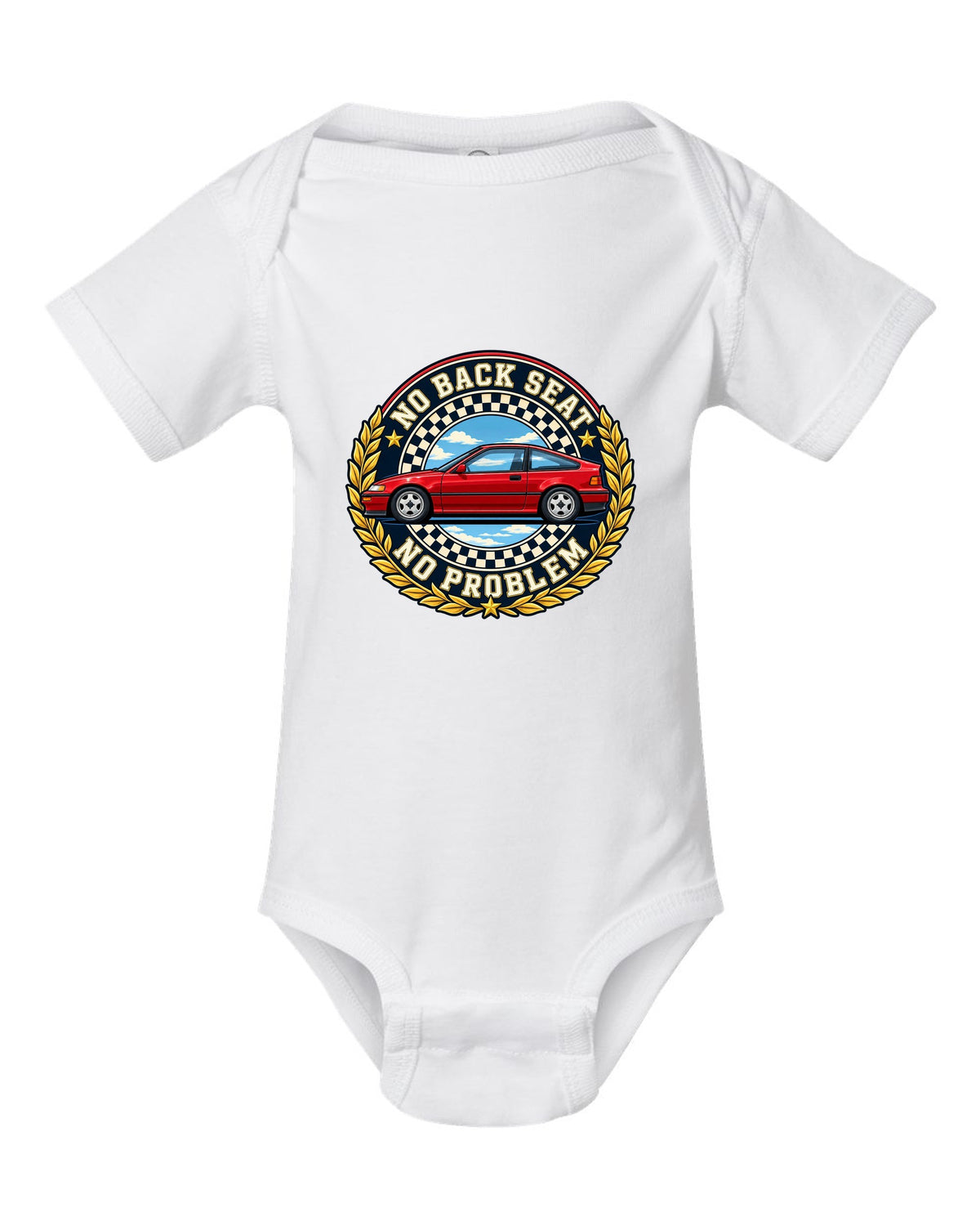 Crest layout print for the Honda CRX EF8 with no back seat text white baby onesie front view with the design