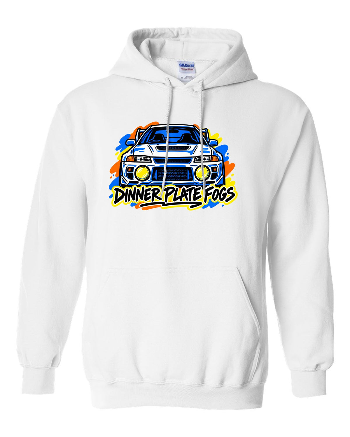 Mitsubishi Lancer Evolution IV CN9A mono-line sketch, DINNER PLATE FOGS white pull over hoodie front view with the design
