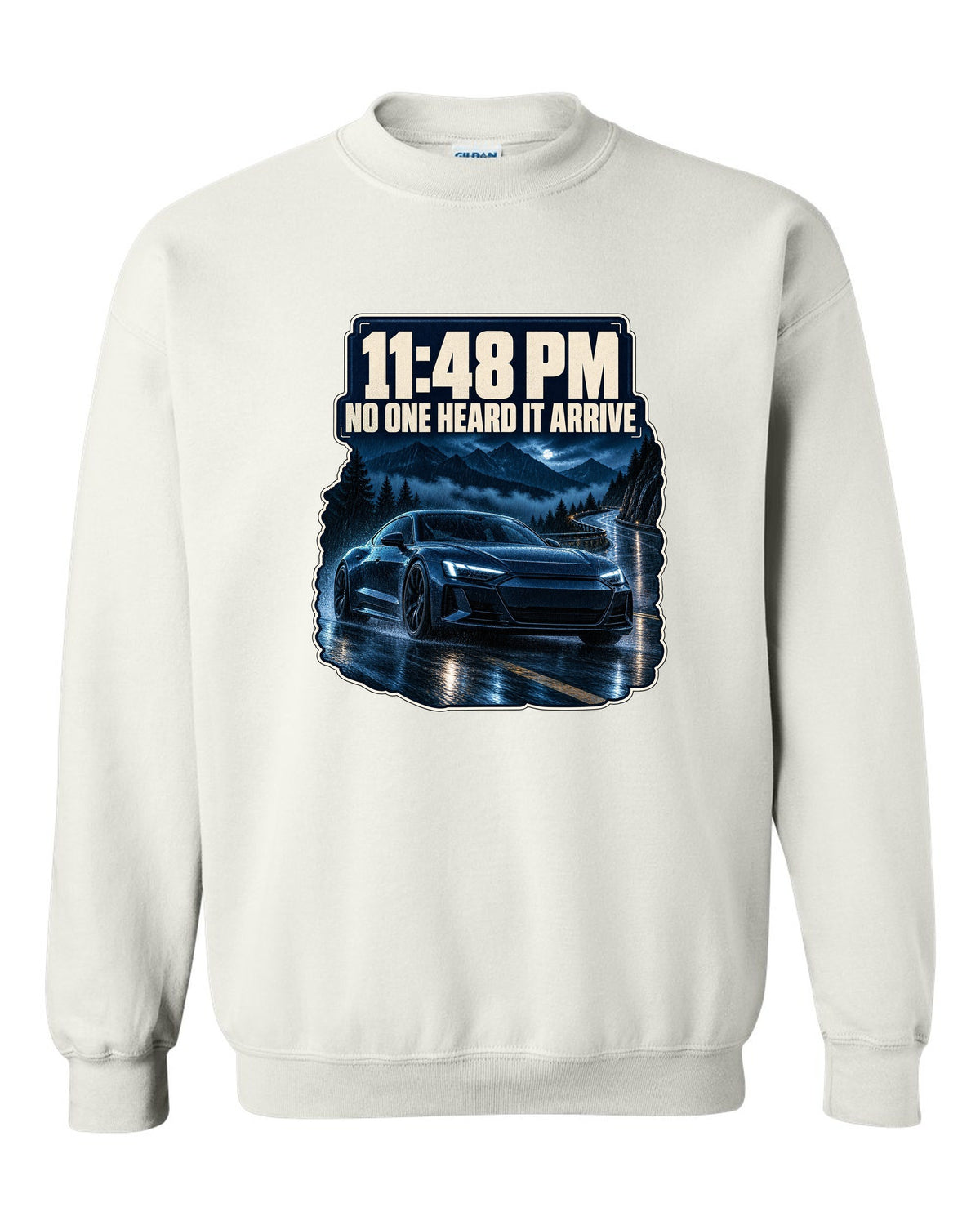 Audi RS e-tron GT on a wet night street blue monochrome print design white crewneck front view with the design