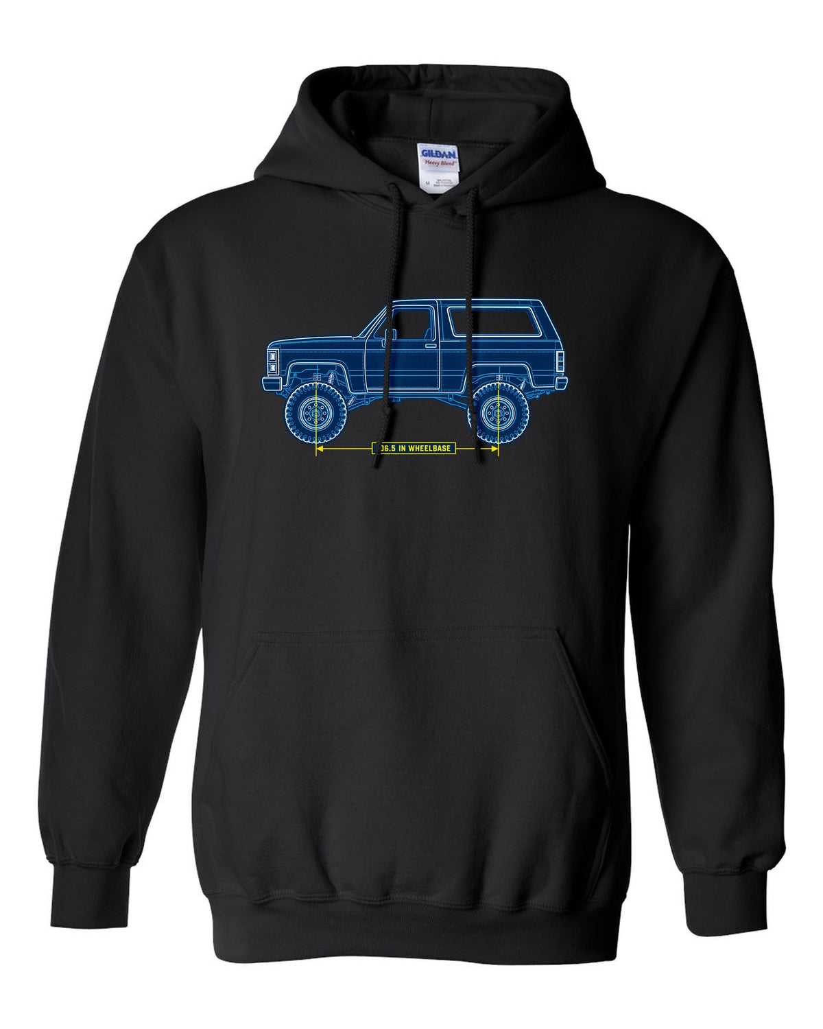Chevrolet K5 Blazer Blueprint Side View black pull over hoodie front view with the design