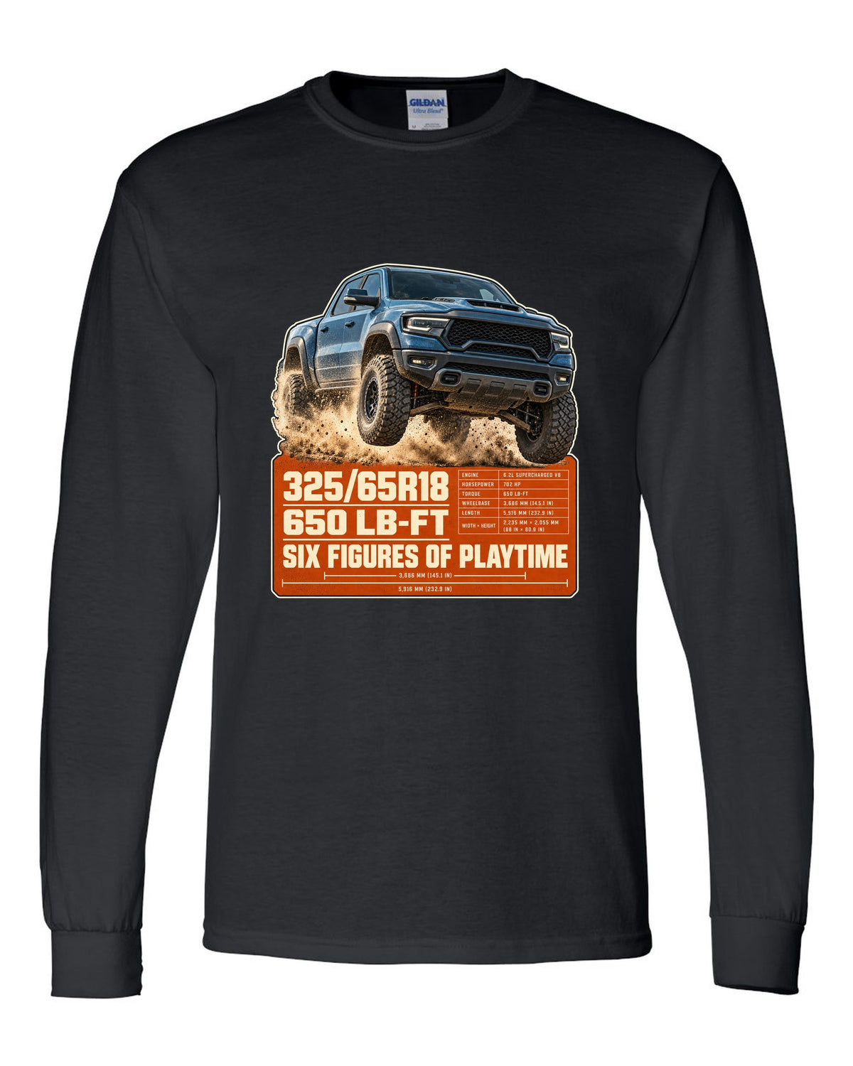 Ram 1500 TRX spec poster with tyre size and torque print black long sleeve front view with the design