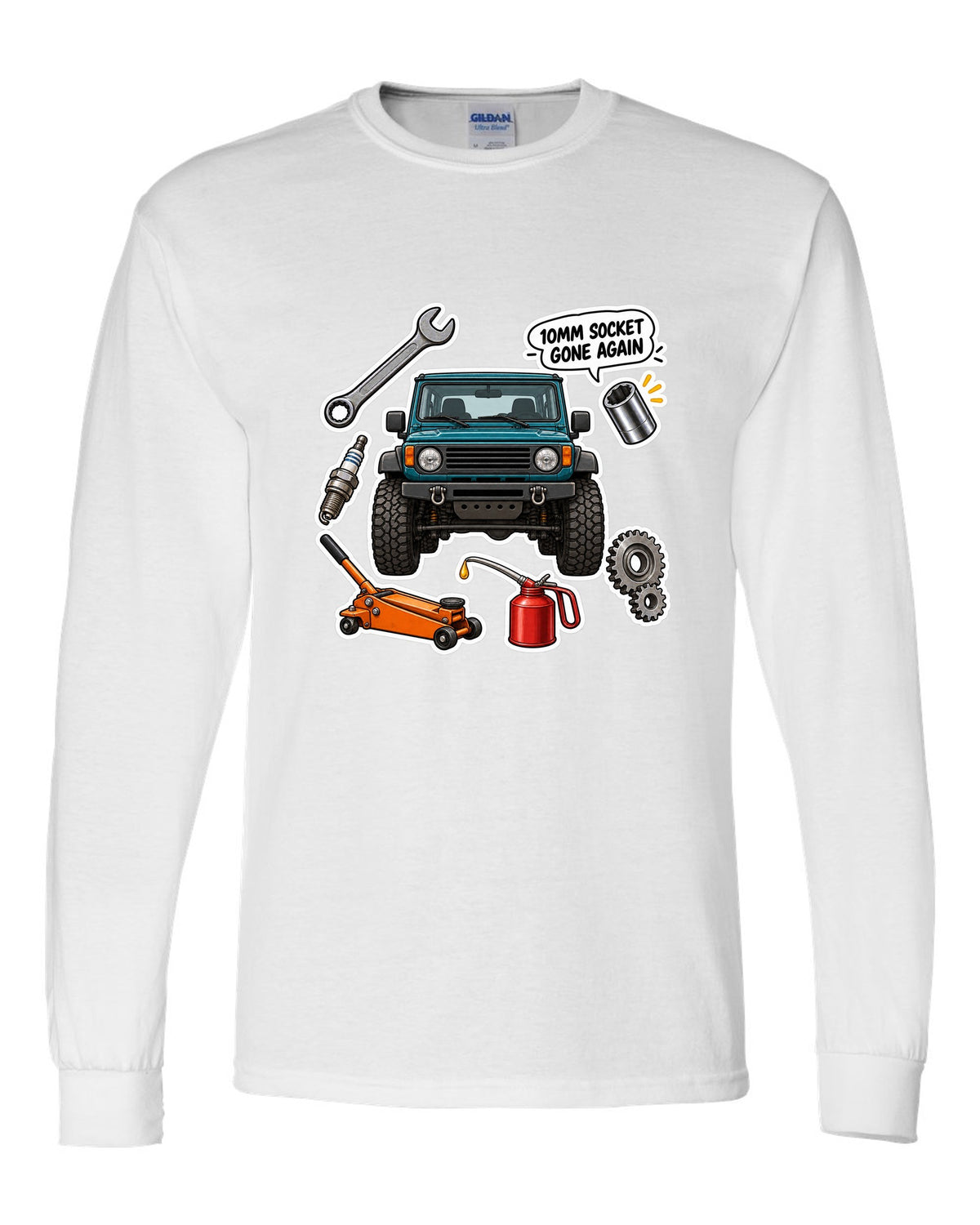 Jeep Wrangler TJ sticker bomb collage design with 10mm socket gone again text white long sleeve front view with the design
