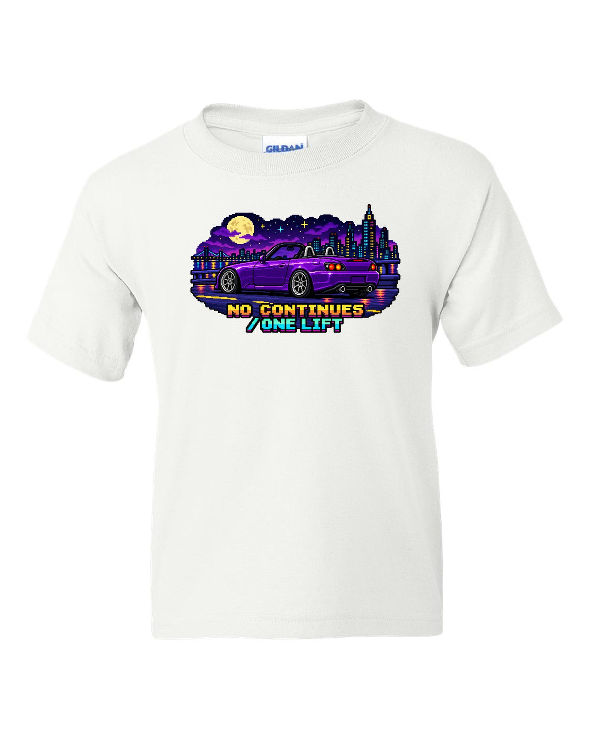 16-bit pixel art Honda S2000 AP2 roadster print with no continues one lift text white kids tee front view with the design