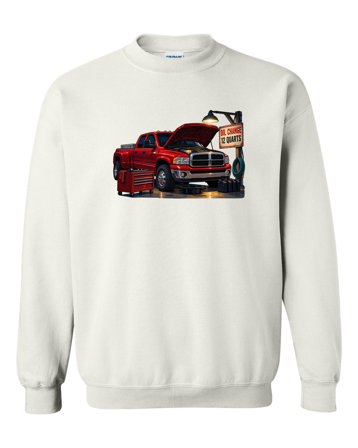 Cel-shaded anime night garage print of a red 2003-2009 Dodge Ram 3rd gen diesel with oil change text white crewneck front view with the design
