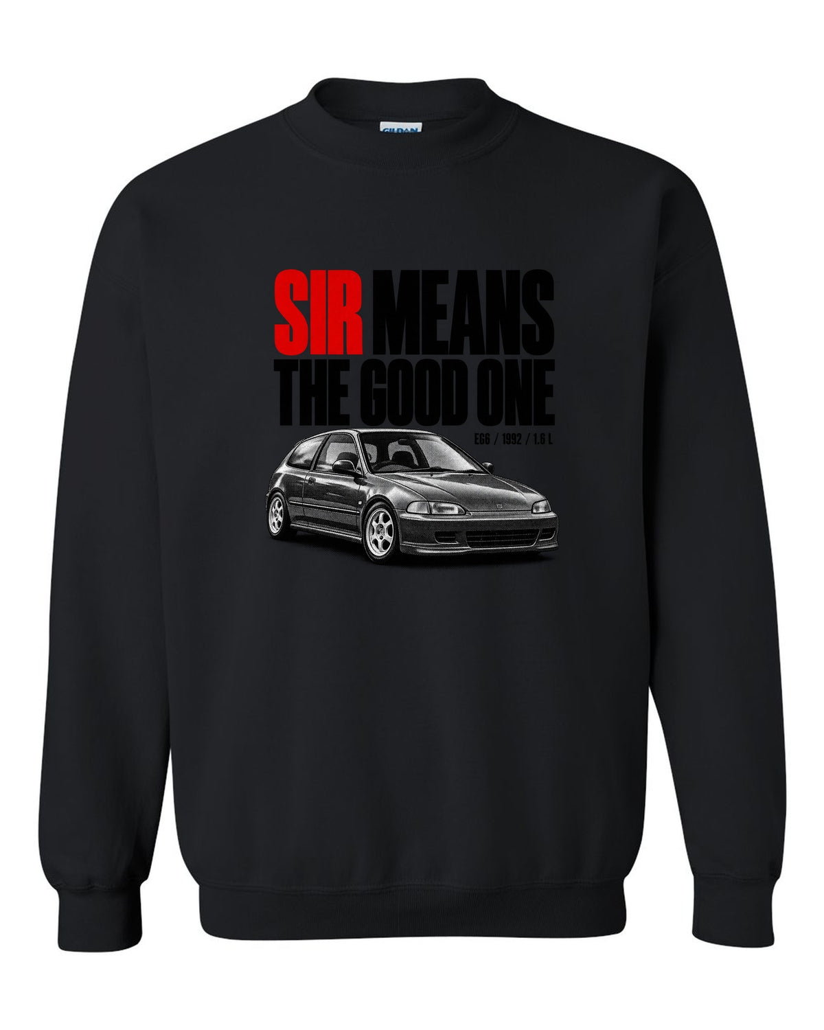 Halftone print of a 1992 Honda Civic EG6 SiR chback with SiR text black crewneck front view with the design