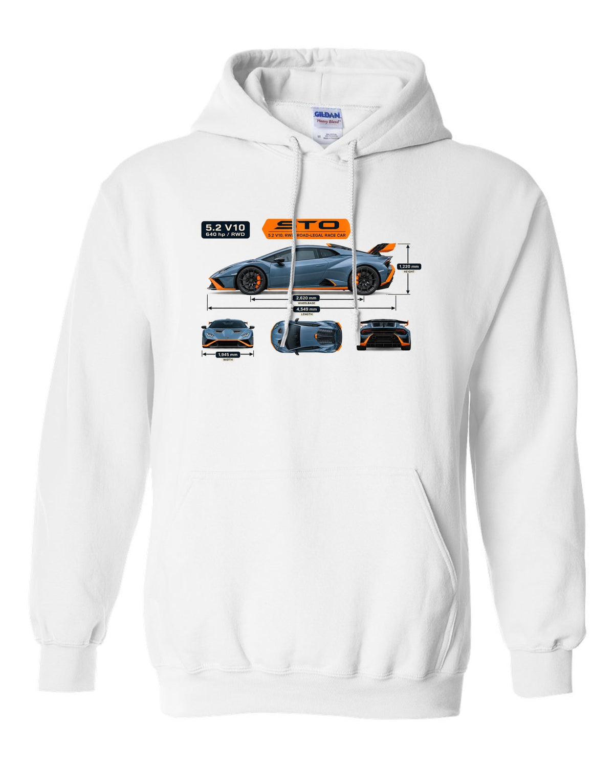 Dimension blueprint print of the Lamborghini Huracan STO white pull over hoodie front view with the design