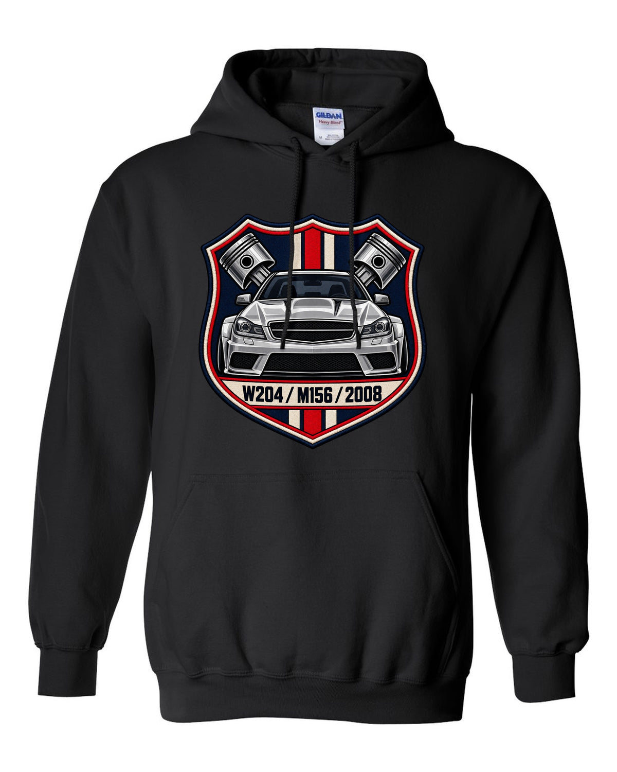 Embroidery-style varsity crest for Mercedes C63 AMG W204 with M156 and 2008 black pull over hoodie front view with the design