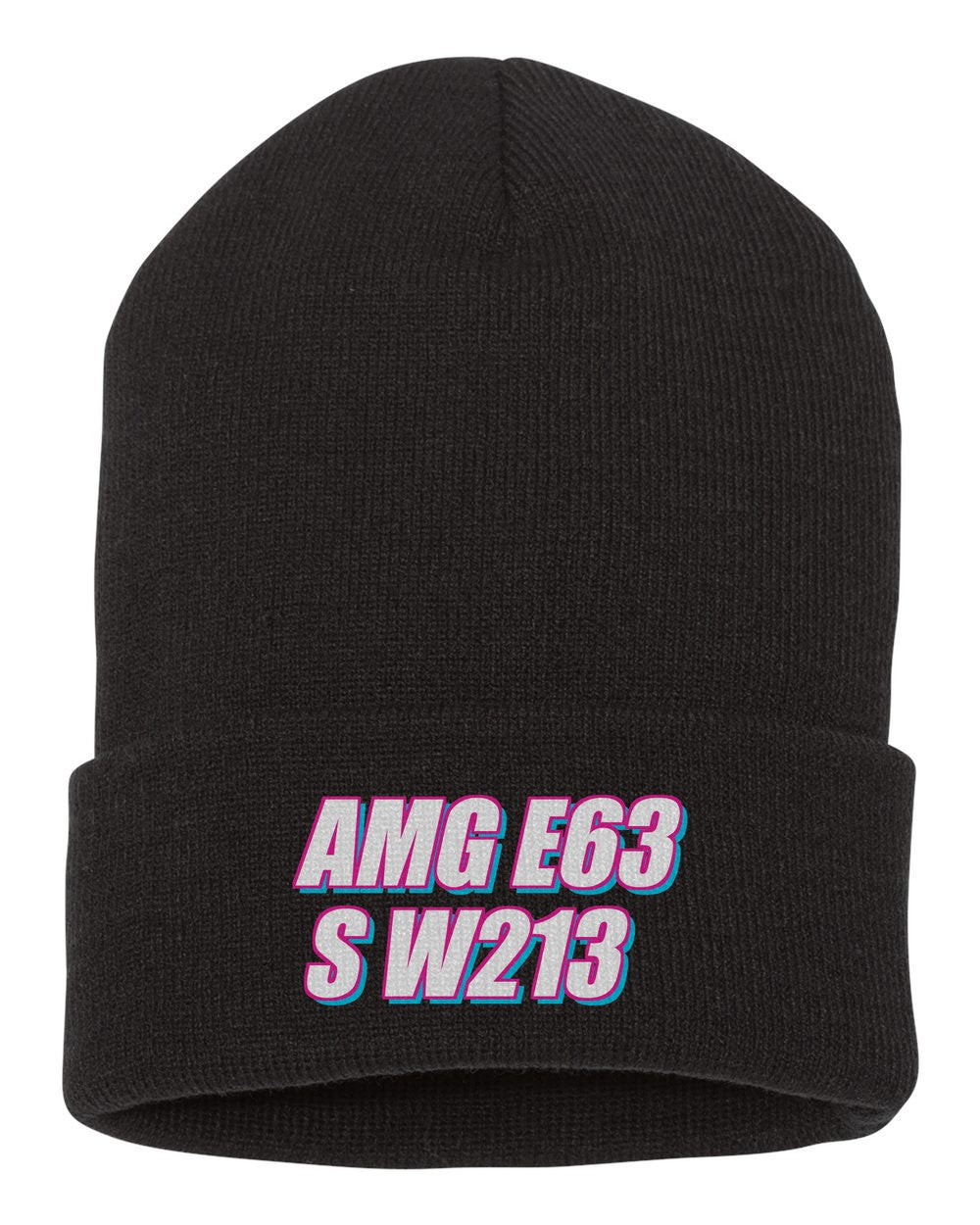 Amg E63 S W213 black beanie front view with car name