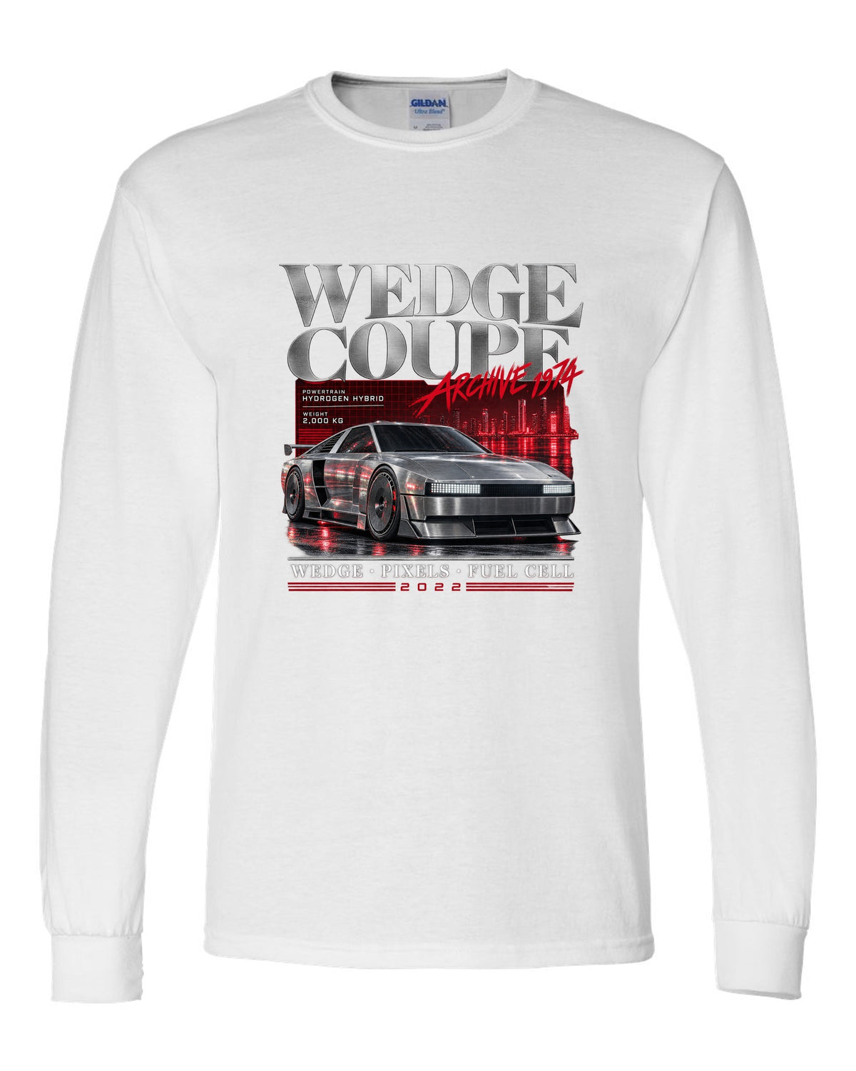 Hyundai N Vision 74 archive panel print with wedge coupe and hydrogen hybrid text white long sleeve front view with the design