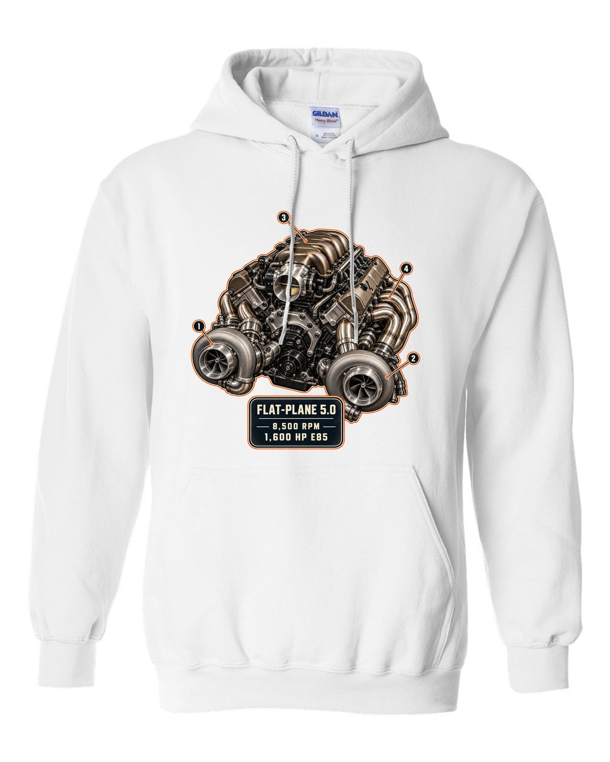 Engine hero illustration of the Koenigsegg Jesko 5.0 litre twin-turbo flat-plane V8, print white pull over hoodie front view with the design