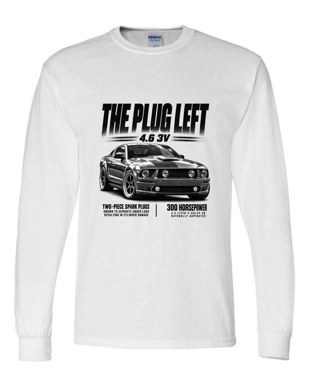 Halftone print of a 2005-09 Ford Mustang S197 GT with 4.6 3V text white long sleeve front view with the design