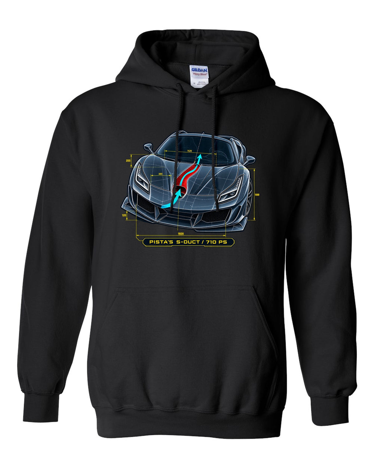 Blueprint line art of the Ferrari F8 Tributo S-duct with Pista reference black pull over hoodie front view with the design