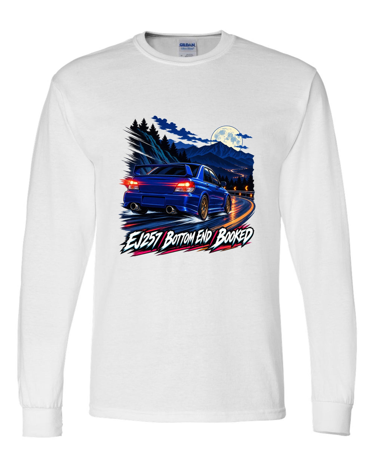 Racing-stripe livery print of a Subaru Impreza WRX GDB Blobeye white long sleeve front view with the design