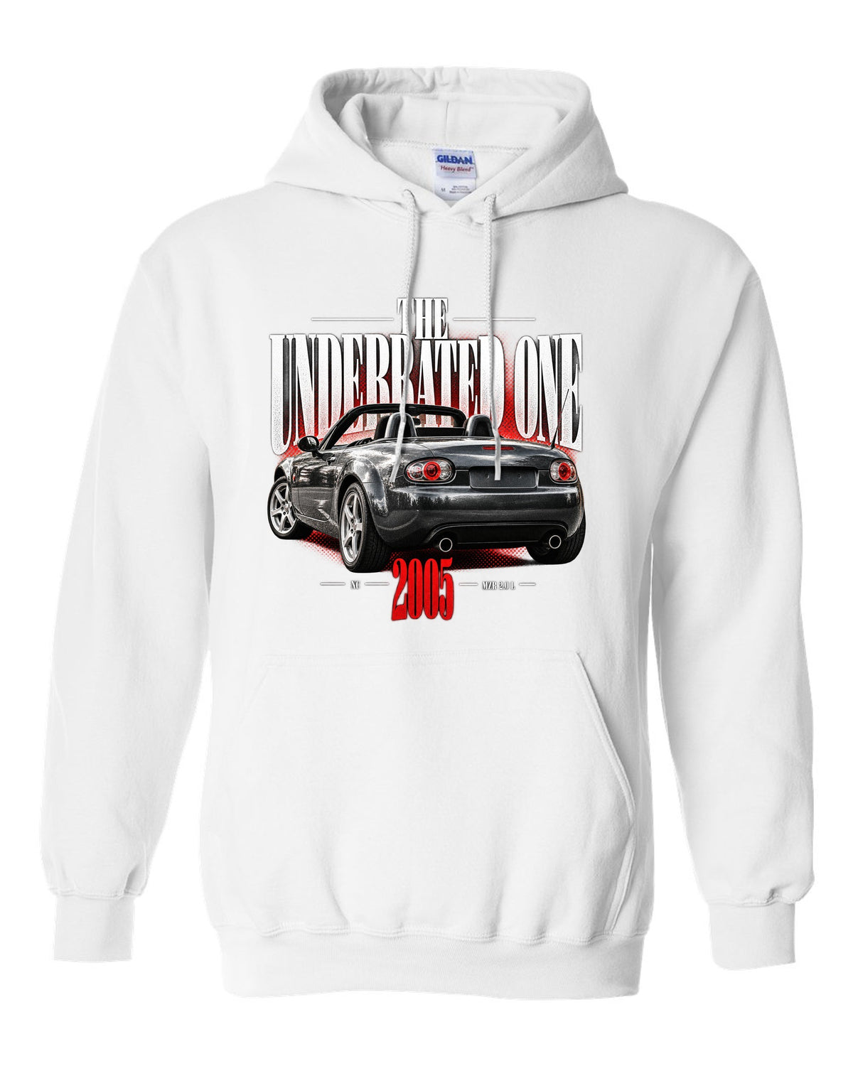 Editorial headline print of a Mazda MX-5 NC with underrated generation lettering white pull over hoodie front view with the design
