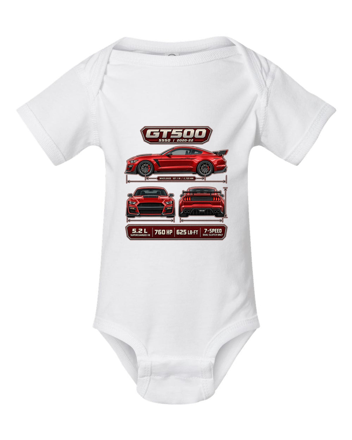 Ford Mustang S550 Shelby GT500 three-view drawing with spec table print white baby onesie front view with the design