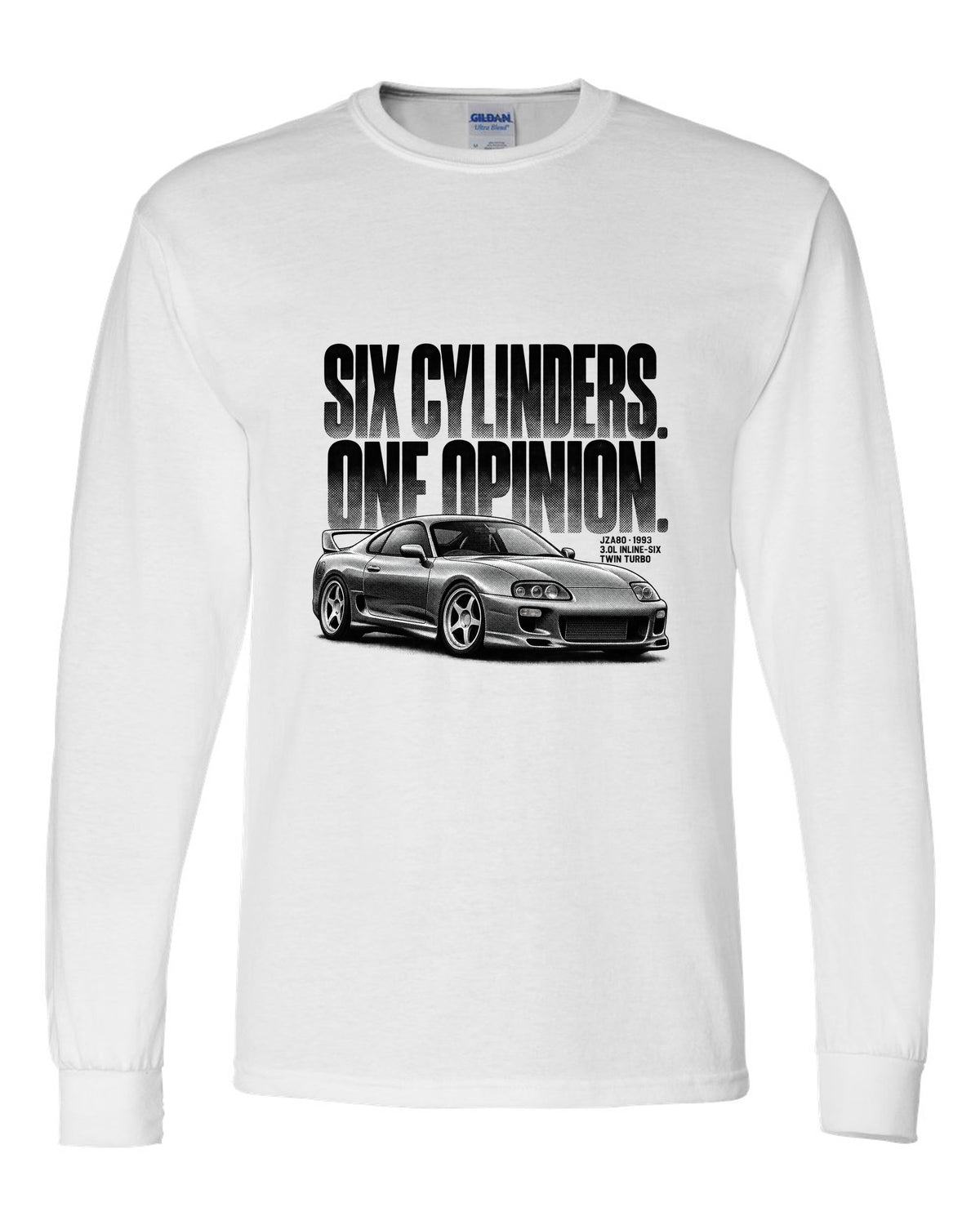 Halftone print of a Toyota Supra A80 JZA80 profile with the text Six Cylinders One Opinion white long sleeve front view with the design