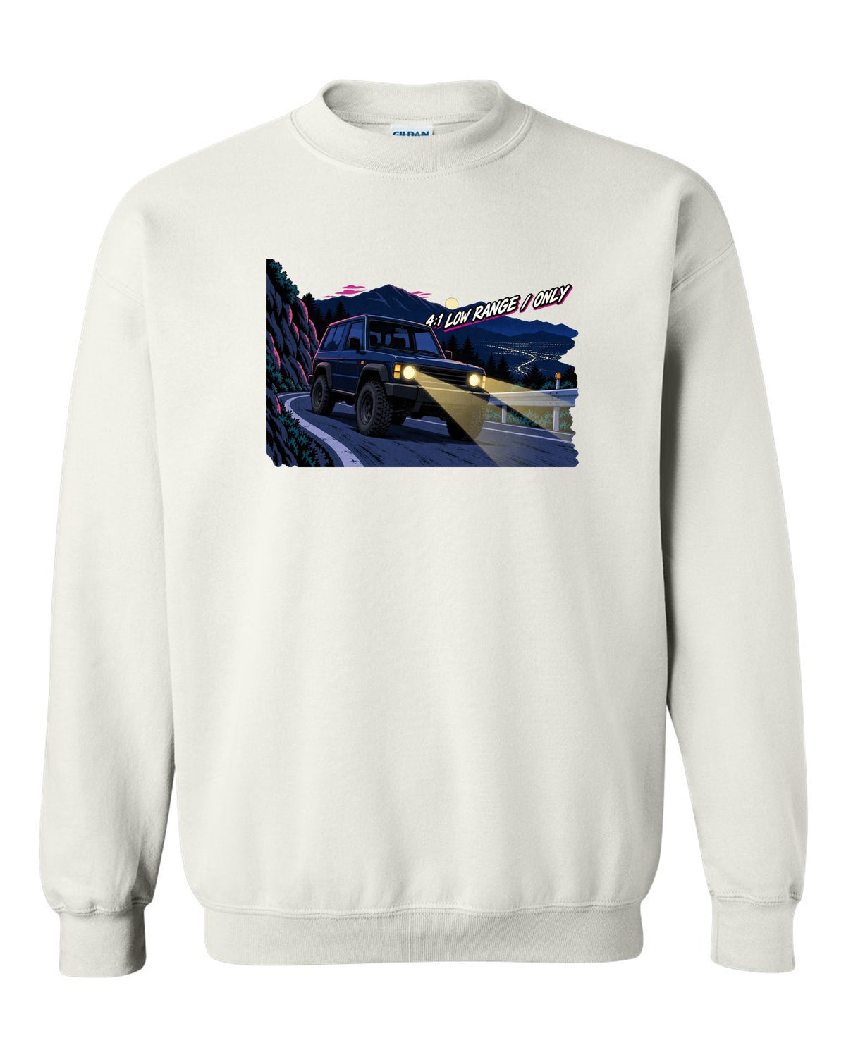 Jeep Wrangler JLU cel-shaded 90s anime night mountain pass with 4:1 low range only text white crewneck front view with the design