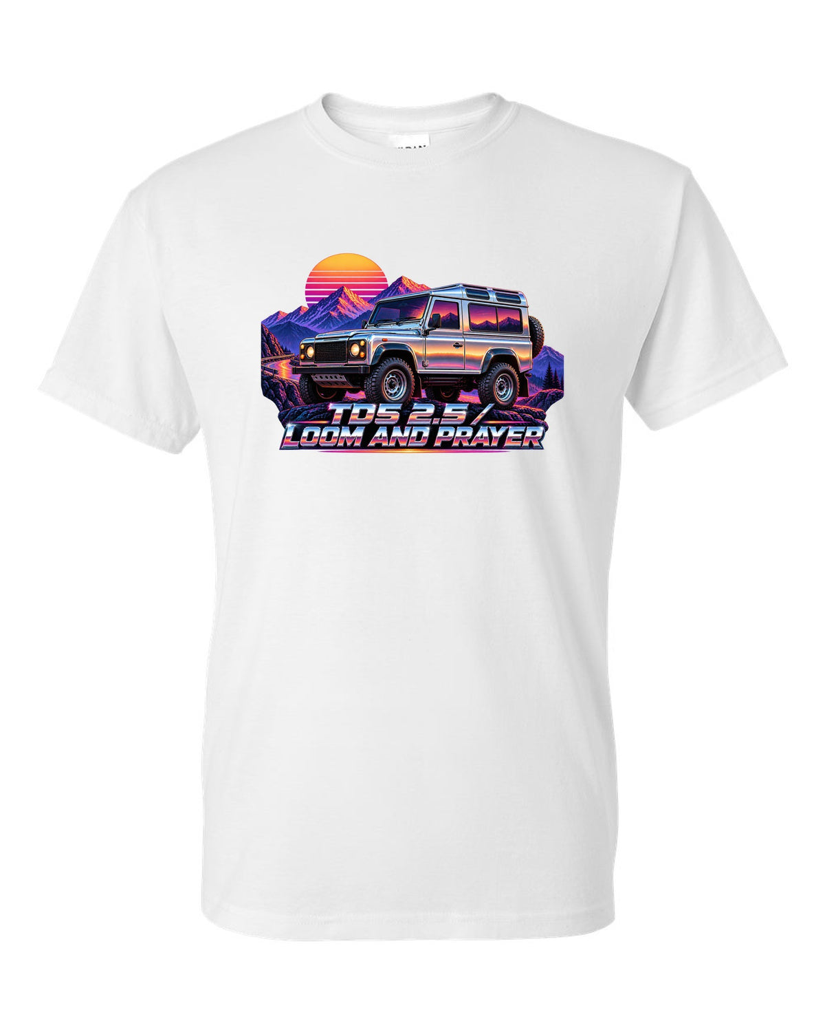 80s airbrush chrome art of a Land Rover Defender 110 Td5 on a sunset mountain pass white t-shirt front view with the design