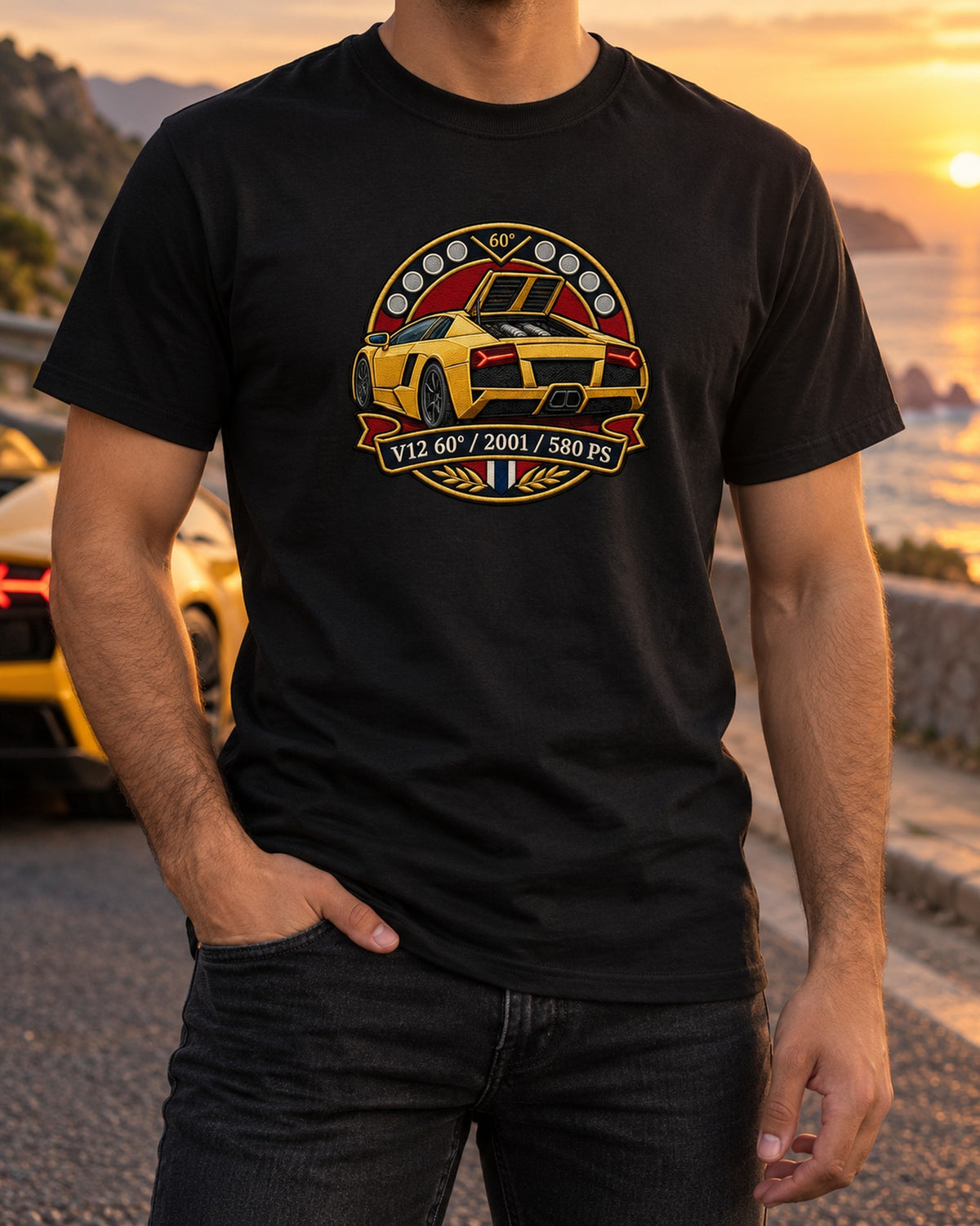 Lamborghini Murcielago 2001 V12 Varsity Crest Tee T-Shirt Black worn hero