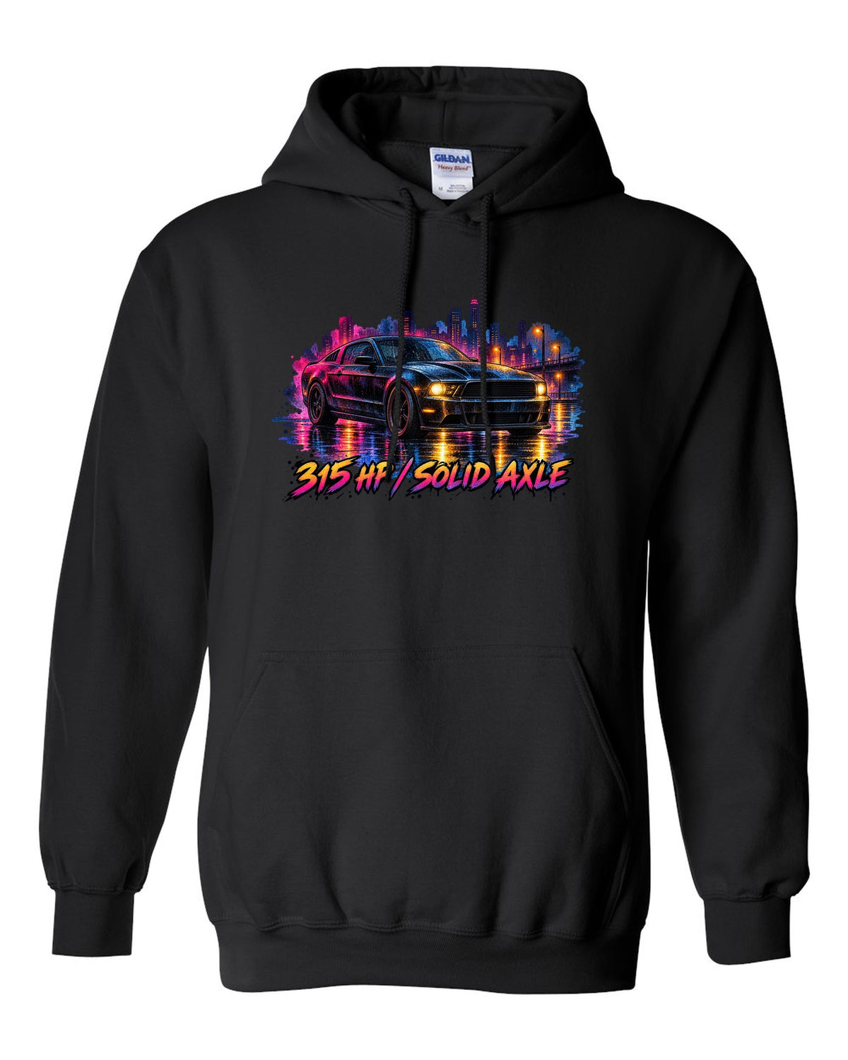 Watercolour wet road night scene with a 2005-2014 S197 Ford Mustang fastback black pull over hoodie front view with the design