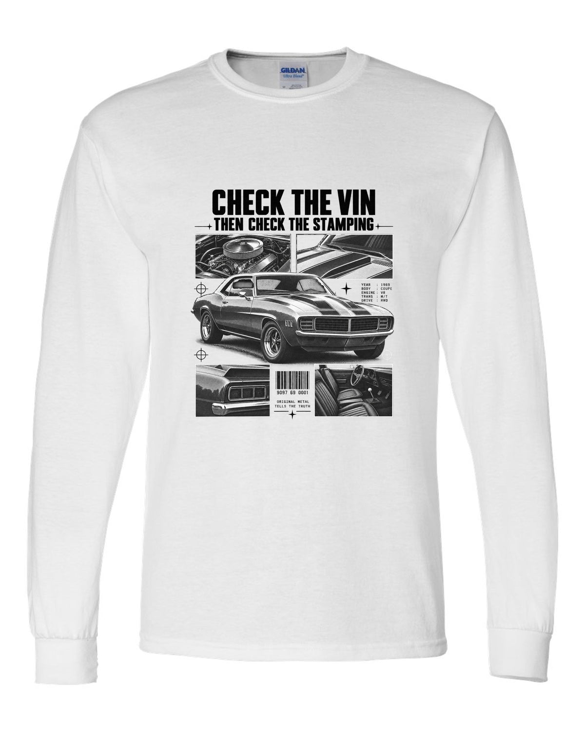 Dossier-panel print of a 1969 Chevrolet Camaro with check the VIN and stamping text white long sleeve front view with the design
