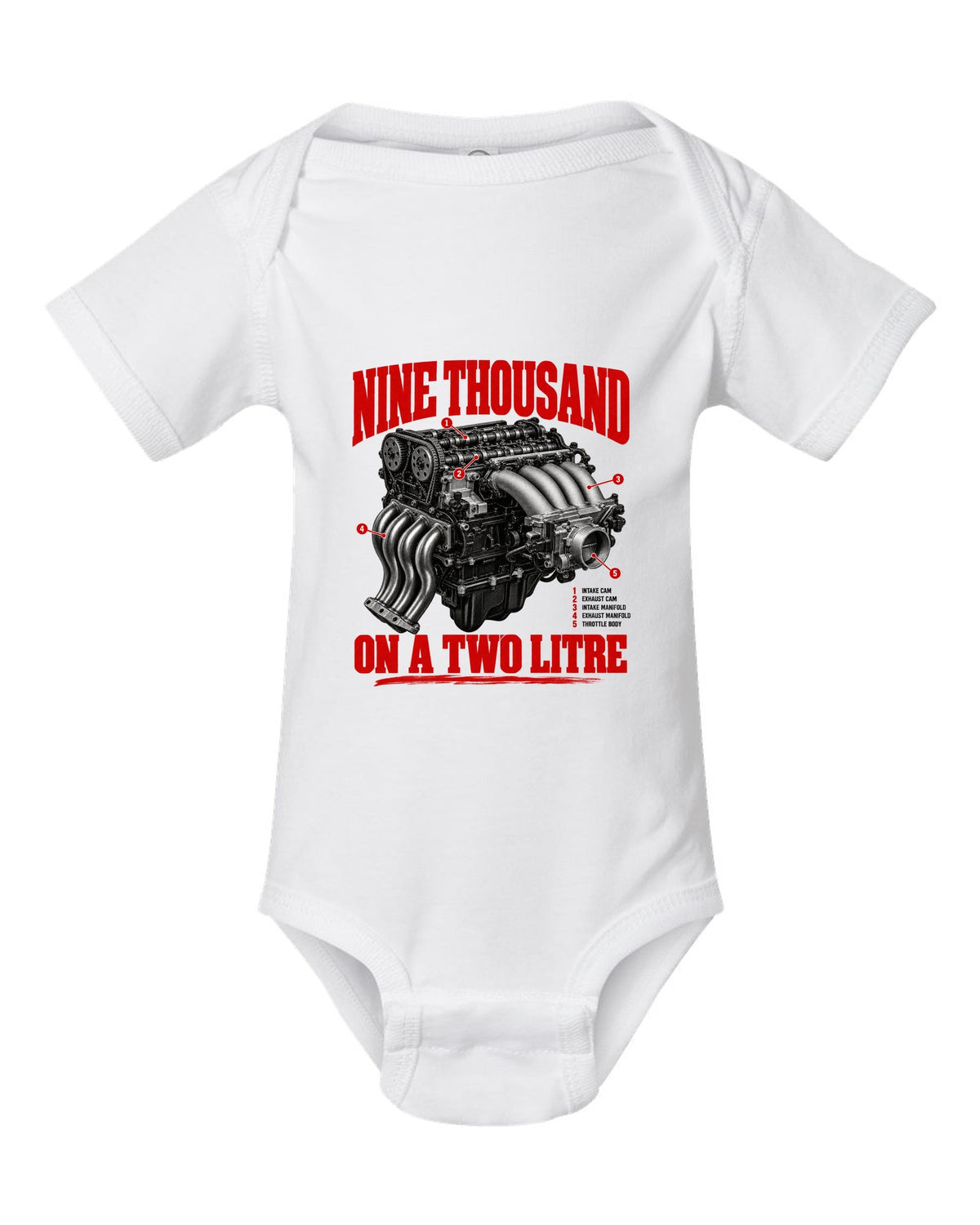 Honda S2000 AP1 roadster engine hero design with nine thousand on a two litre text white baby onesie front view with the design