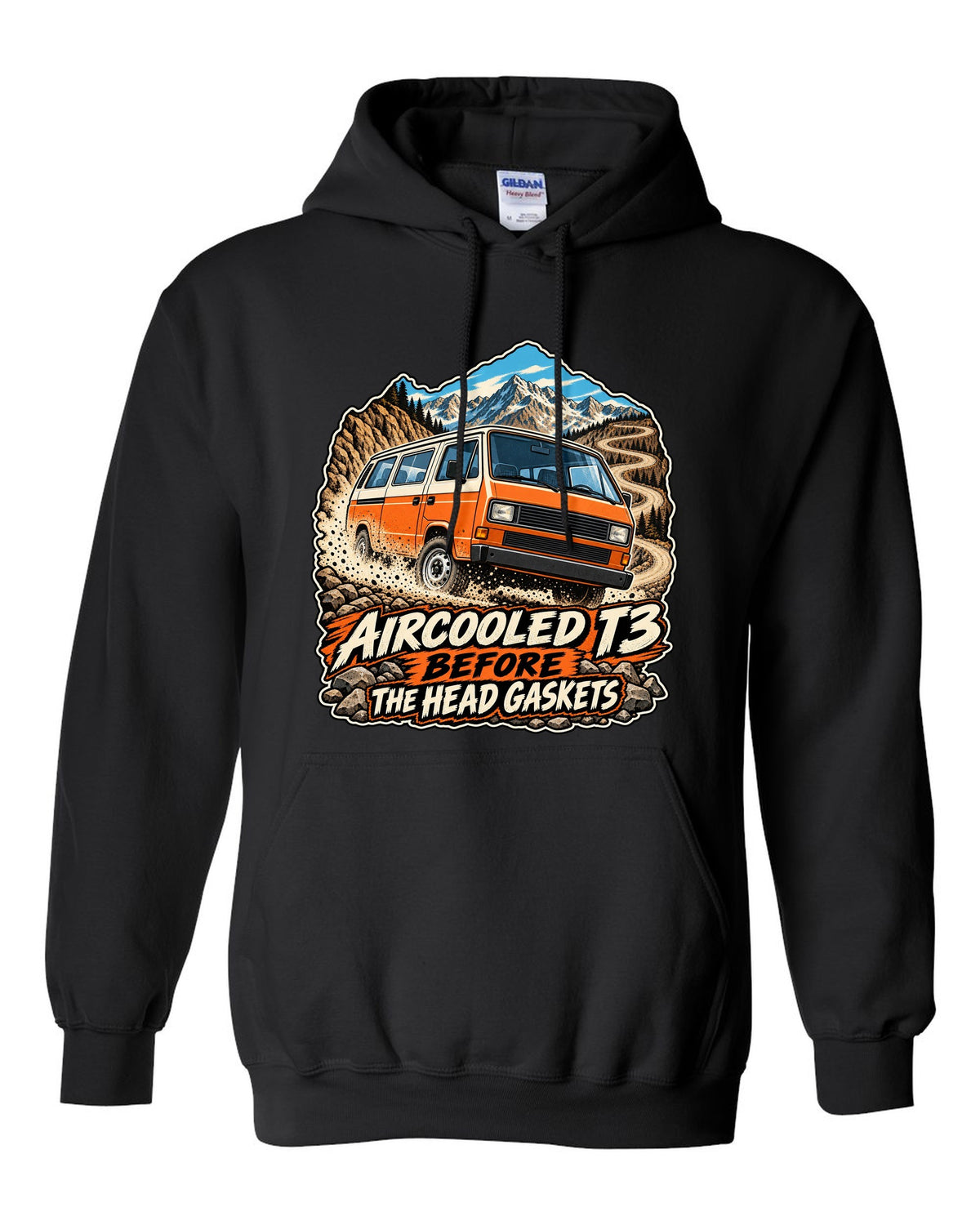 Vintage race poster style VW Vanagon T3 on a dusty pass with aircooled T3 before the head gaskets text black pull over hoodie front view with the design