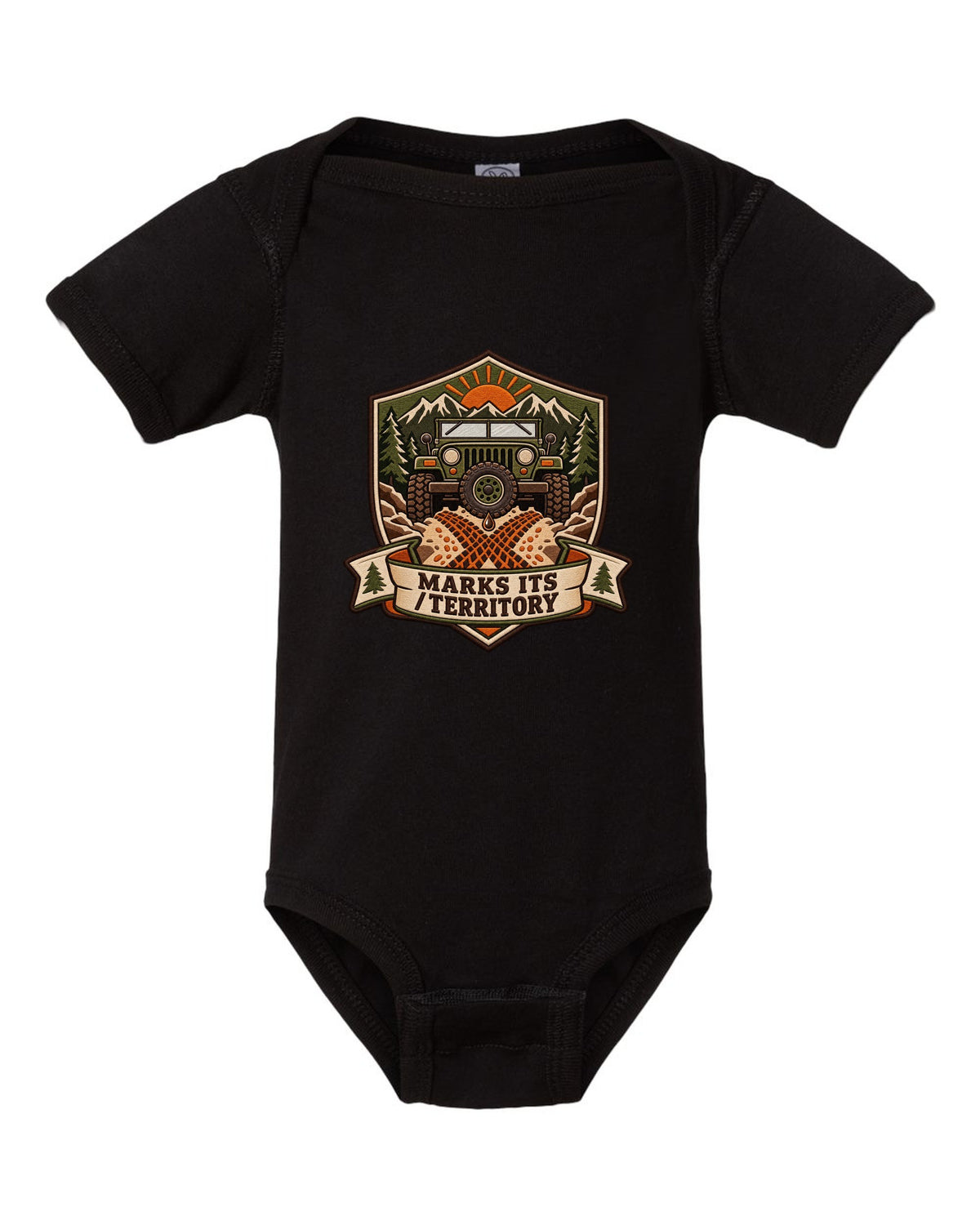 Expedition badge crest of a Toyota Land Cruiser FJ40 with the words Marks Its Territory black baby onesie front view with the design