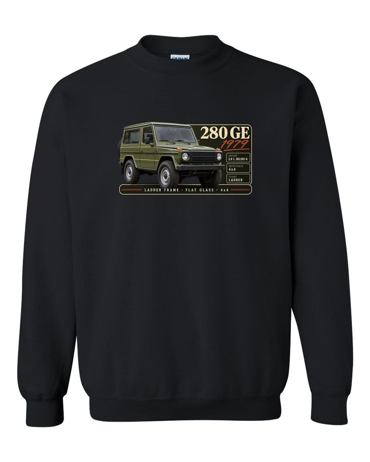 Archive panel print of a 1979 Mercedes 280 GE W460 with ladder frame, flat glass and 4x4 lettering black crewneck front view with the design