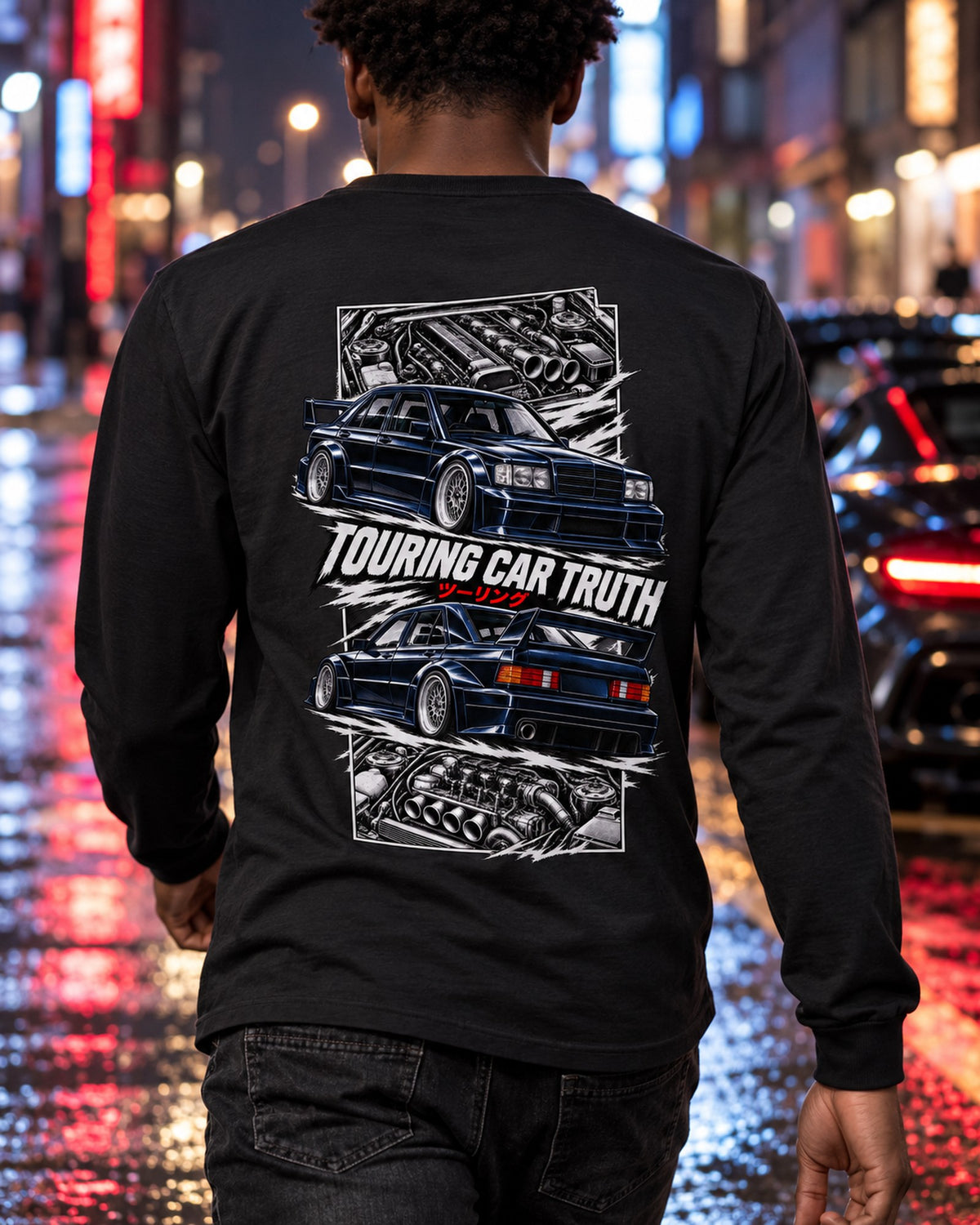 Mercedes 190E Evo Ii Torn Poster Full-Back Graphic Tee Long Sleeve Black worn hero