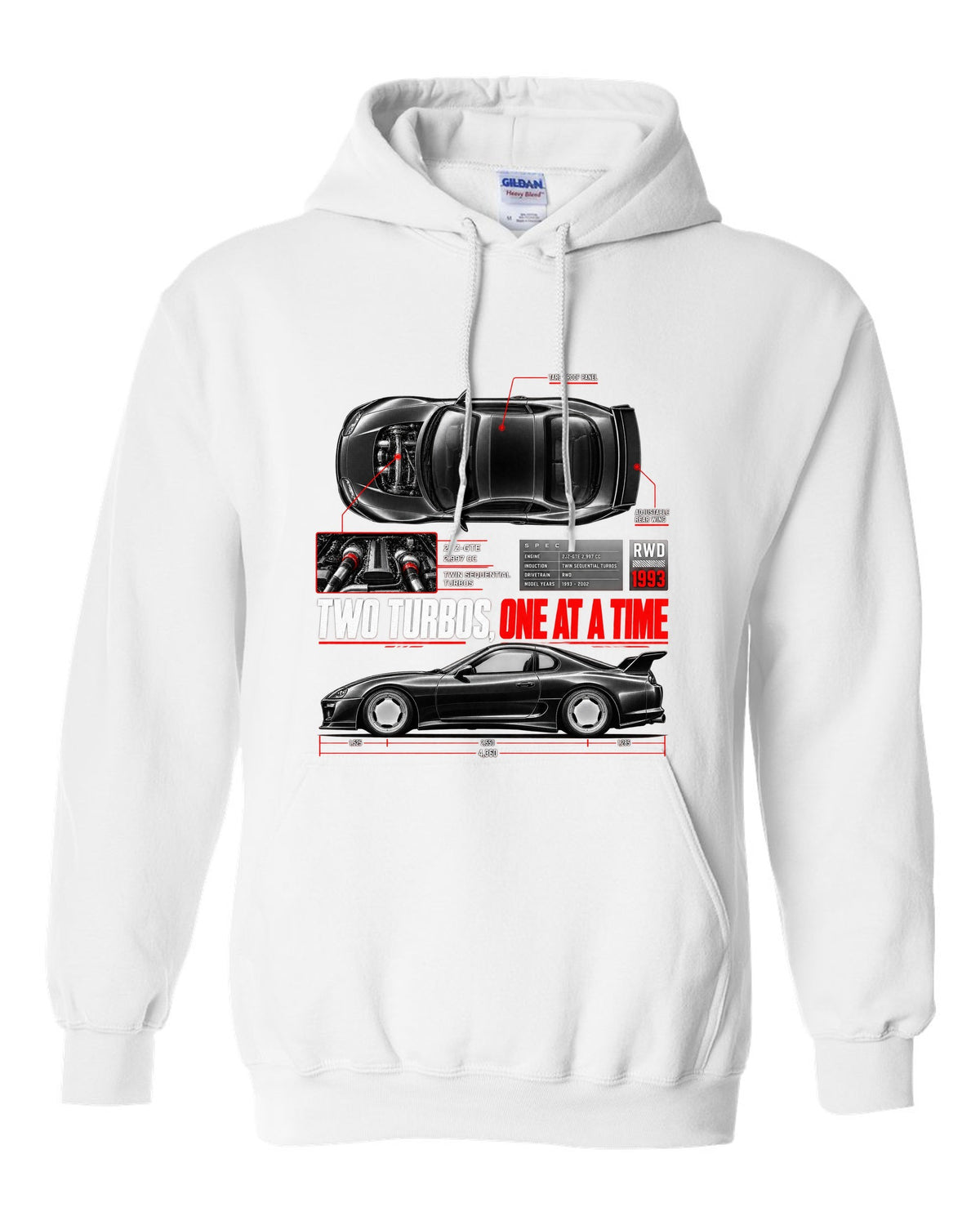 Spec poster print of a Toyota Supra A80 JZA80 with 2JZ-GTE lettering white pull over hoodie front view with the design