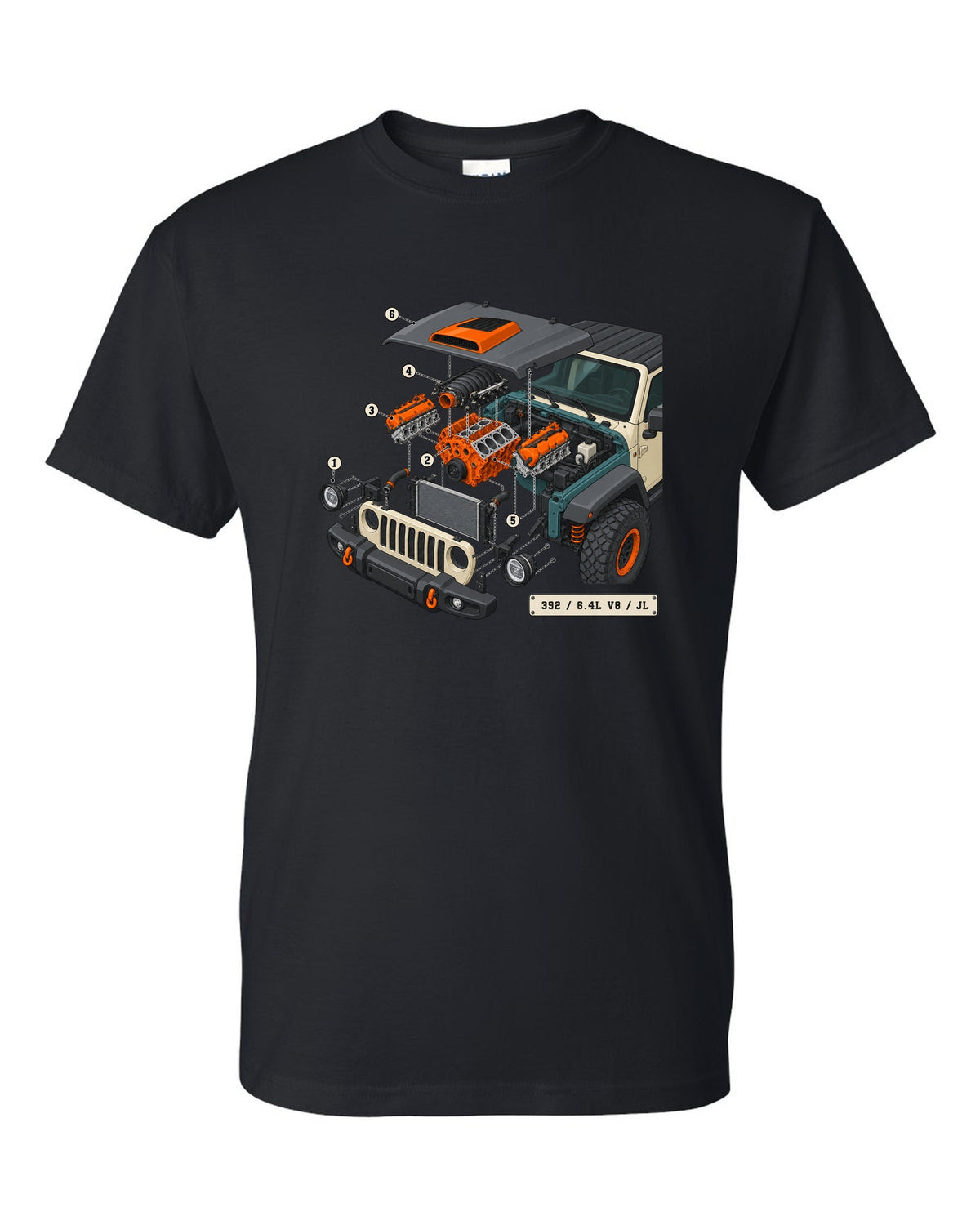 Jeep Wrangler JL Rubicon 392 6.4L V8 isometric exploded engine diagram with callouts black t-shirt front view with the design