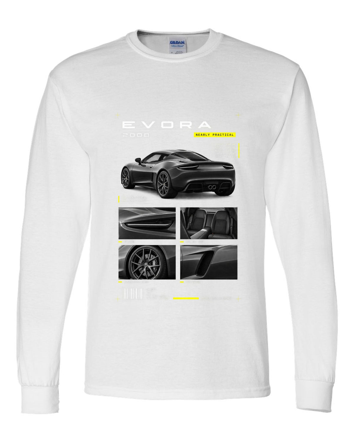 Lotus Evora 2008 dossier panels print white long sleeve front view with the design
