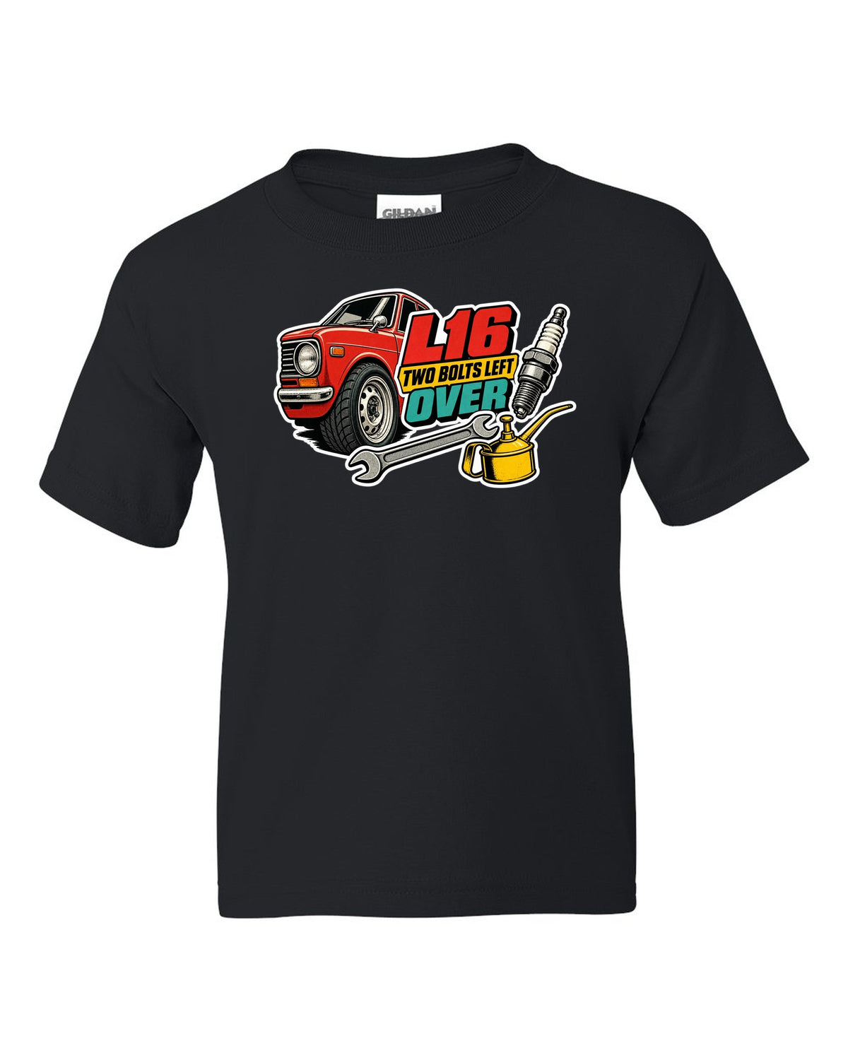 Datsun 510 wheel and fender sticker-bomb collage with L16 text on the front of a shirt black kids tee front view with the design
