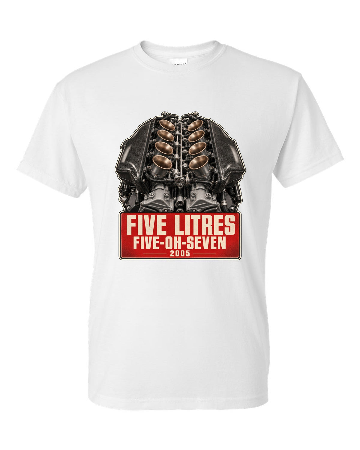 BMW M5 E60 S85 V10 engine poster-style print white t-shirt front view with the design