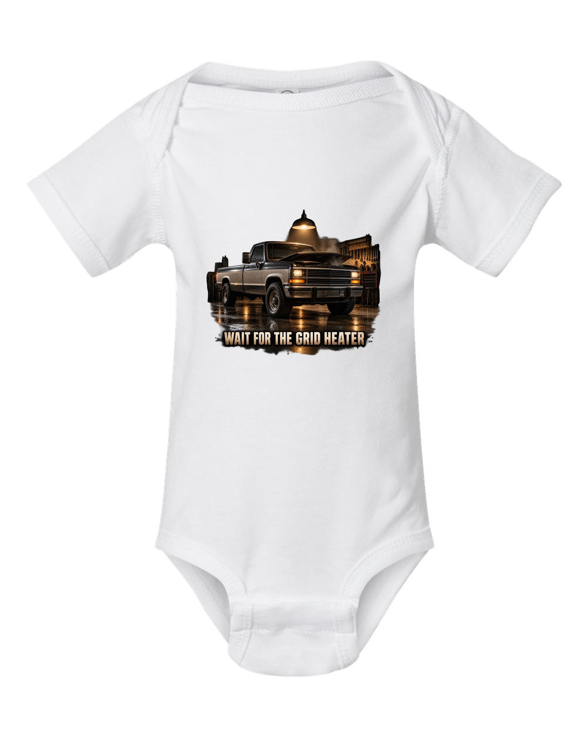 Dodge D250 first generation in a night garage with the text Wait For The Grid Heater white baby onesie front view with the design